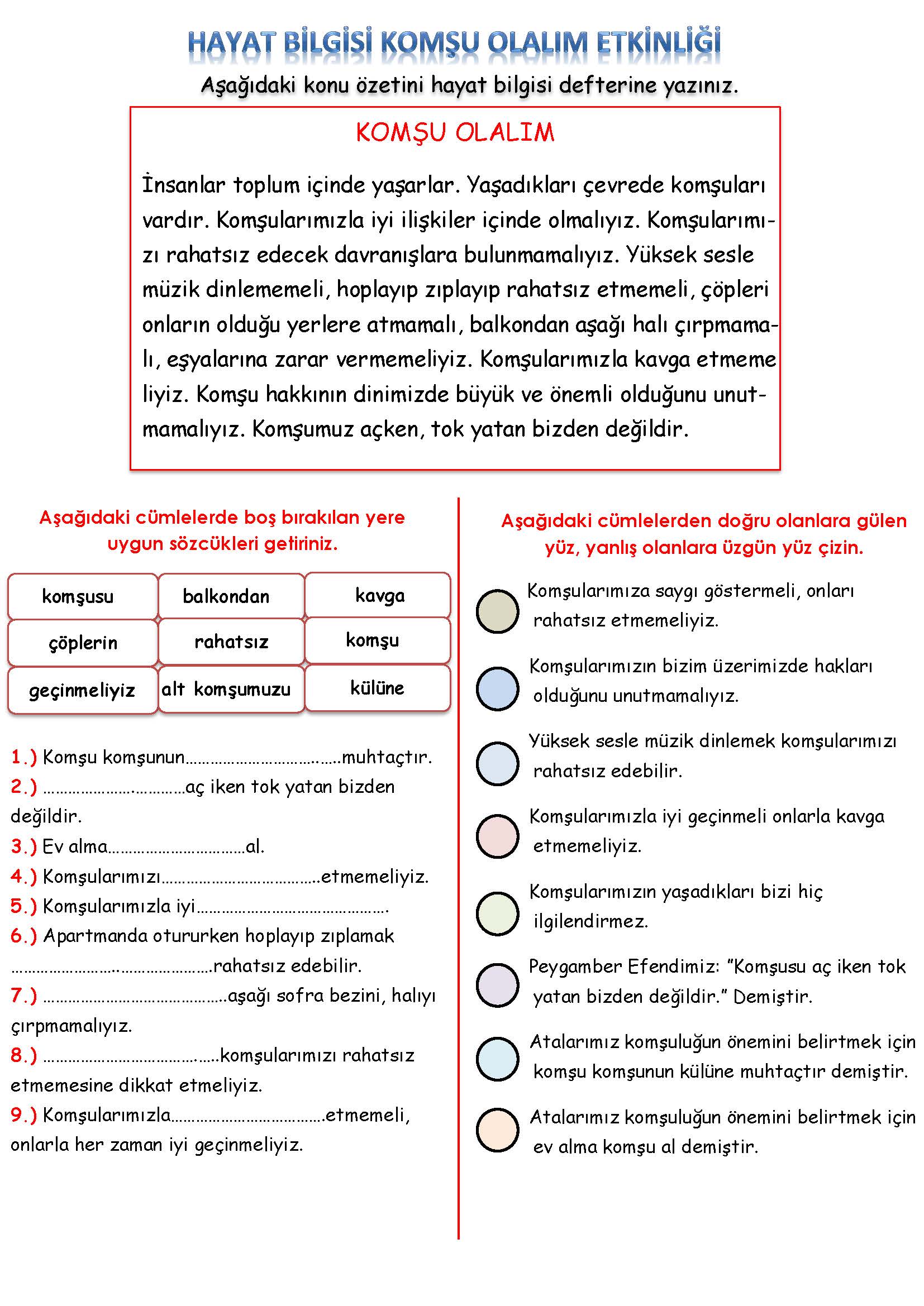 3. Sınıf Hayat Bilgisi Komşu Olalım Etkinliği