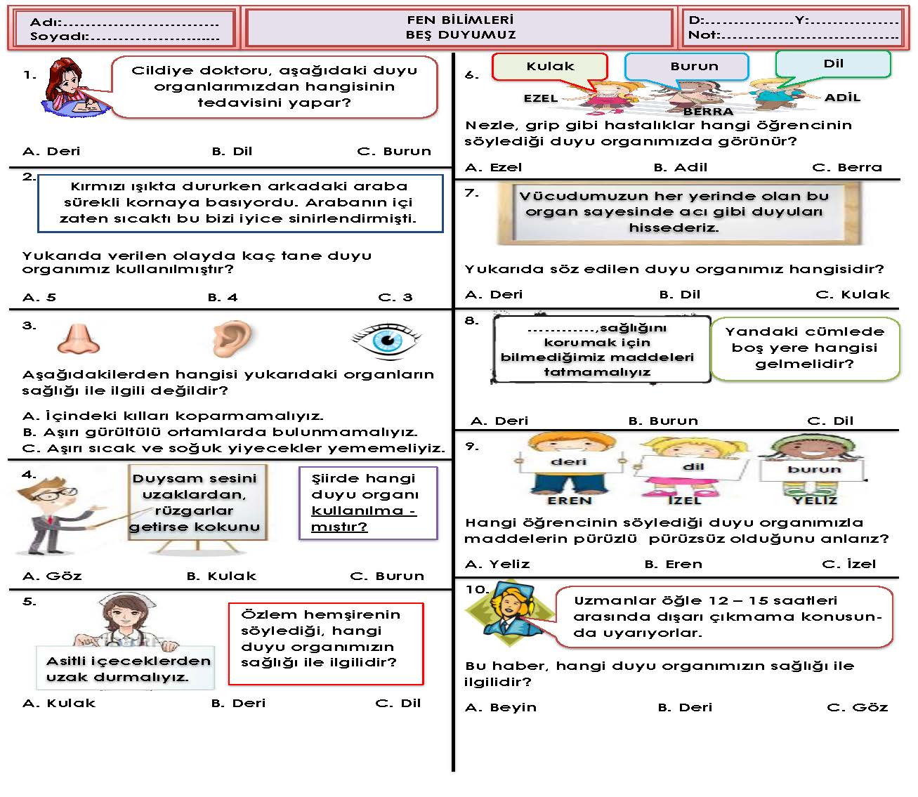 3. Sınıf Fen Beş Duyumuz Testi