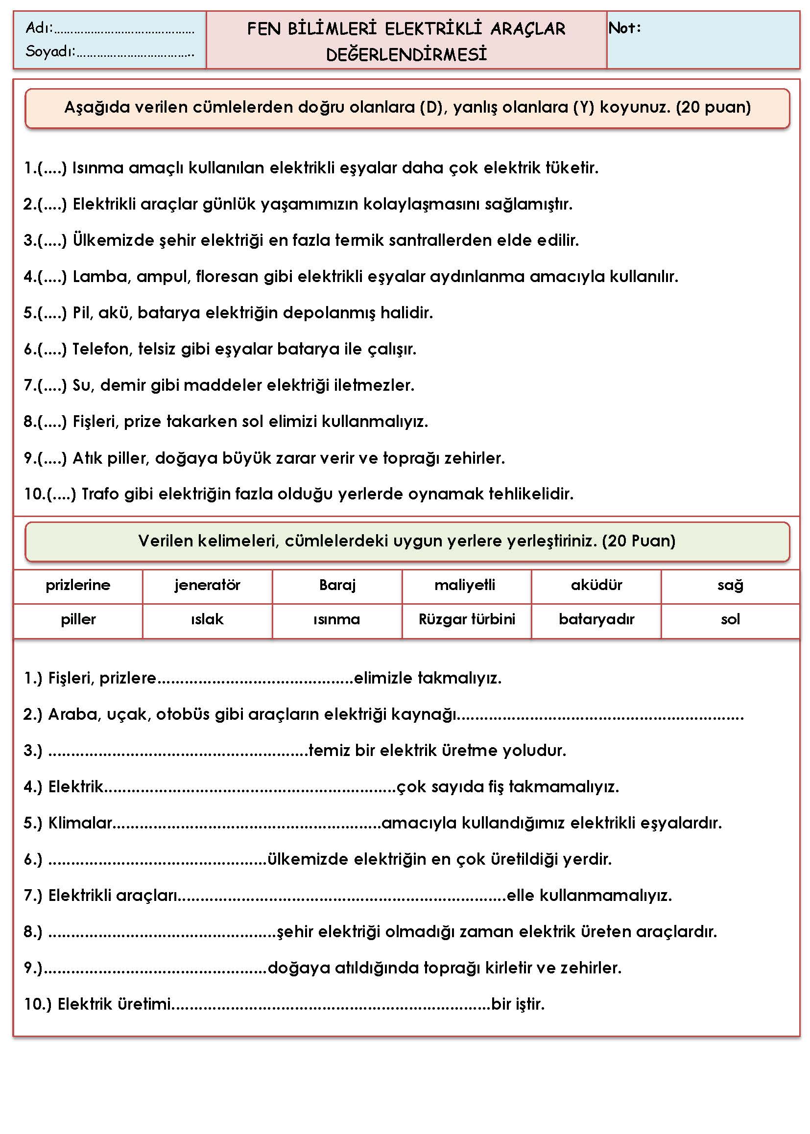3. Sınıf Fen Bilimleri Elektrikli Araçlar Değerlendirmesi