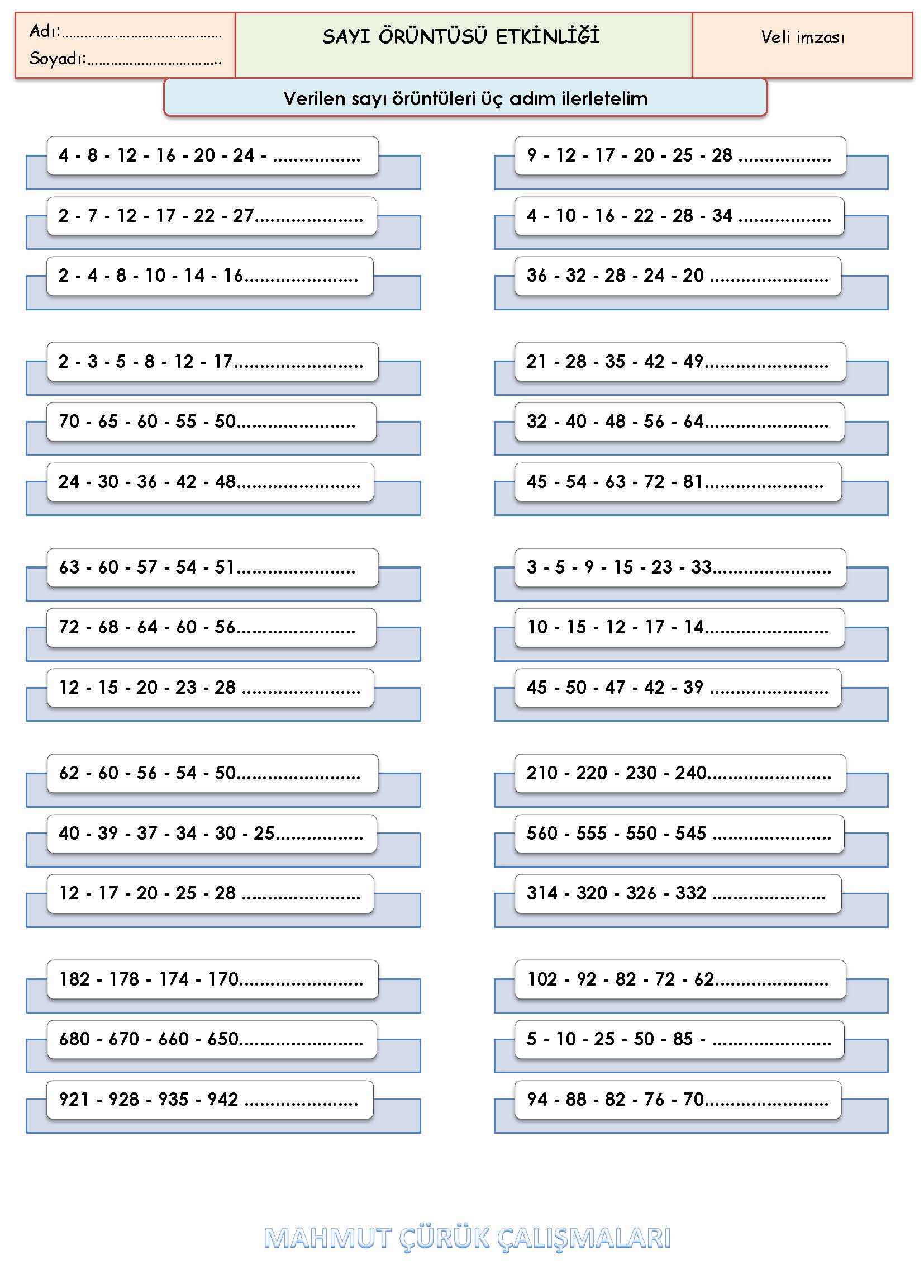 3. Sınıf Matematik Sayı Örüntüsü Etkinliği