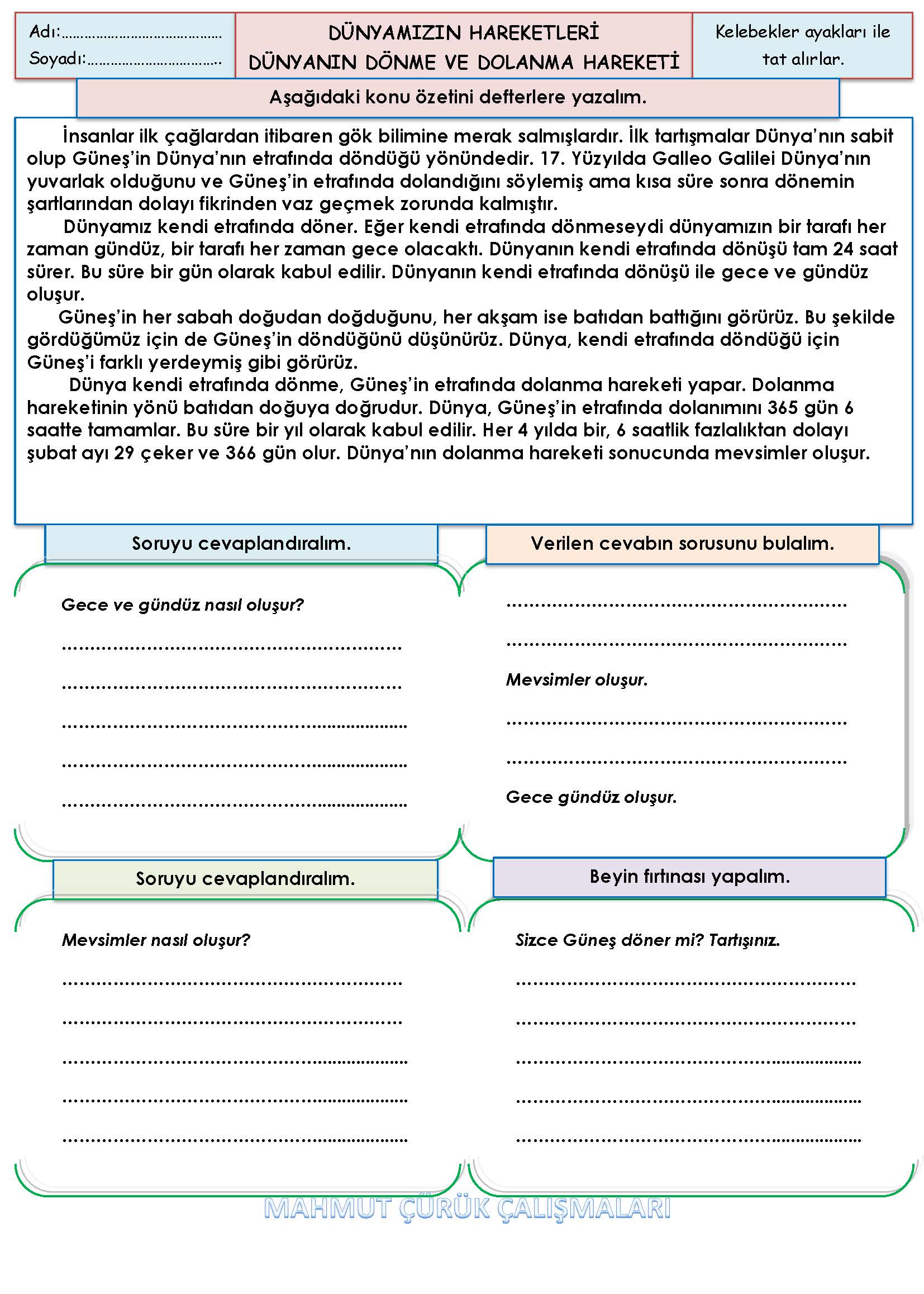 4. Sınıf Fen Bilimleri Dünyanın Dönme ve Dolanma Hareketi Konu Özeti