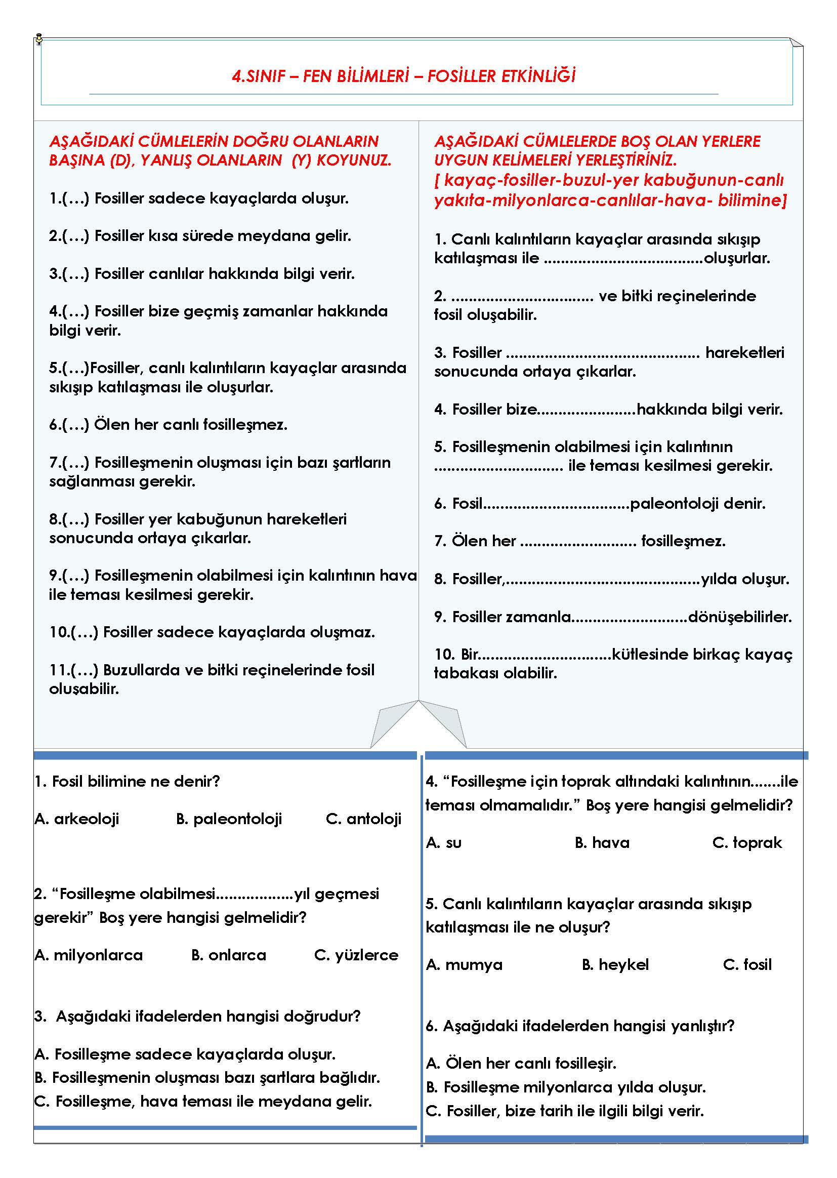 4. Sınıf Fen Bilimleri Fosiller Etkinliği
