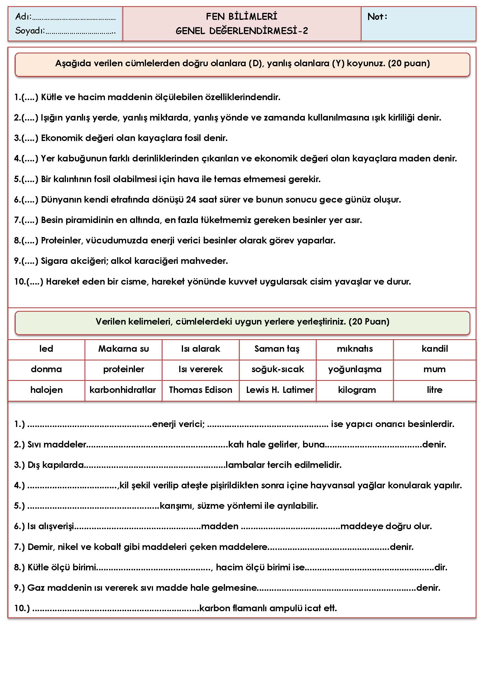 4. Sınıf Fen Bilimleri Genel Değerlendirmesi-2