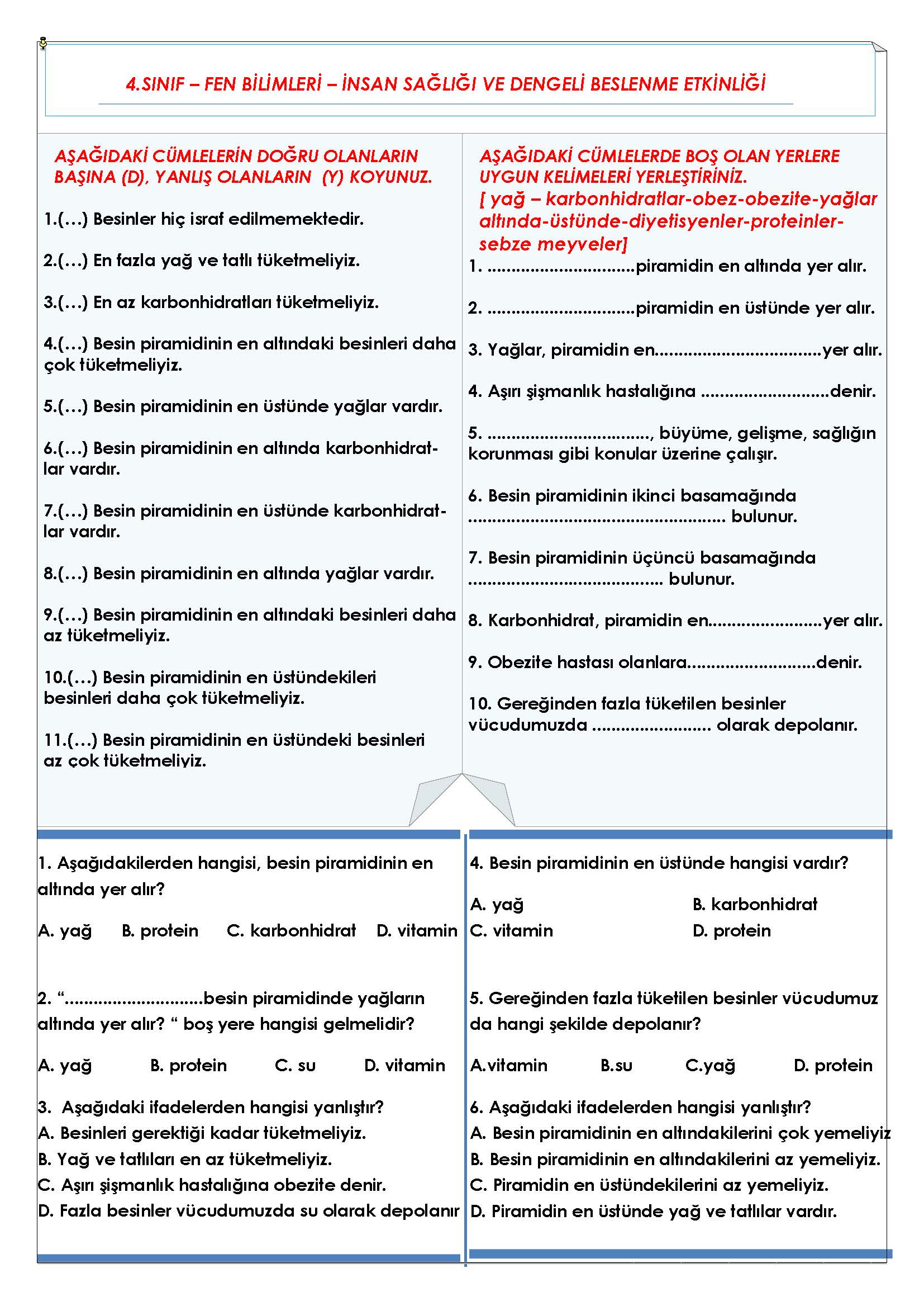4. Sınıf Fen Bilimleri İnsan Sağlığı ve Dengeli Beslenme Etkinliği