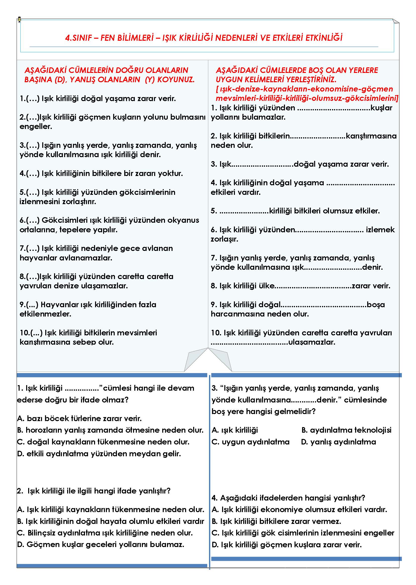 4. Sınıf Fen Bilimleri Işık Kirliliği, Nedenleri ve Etkileri Etkinliği