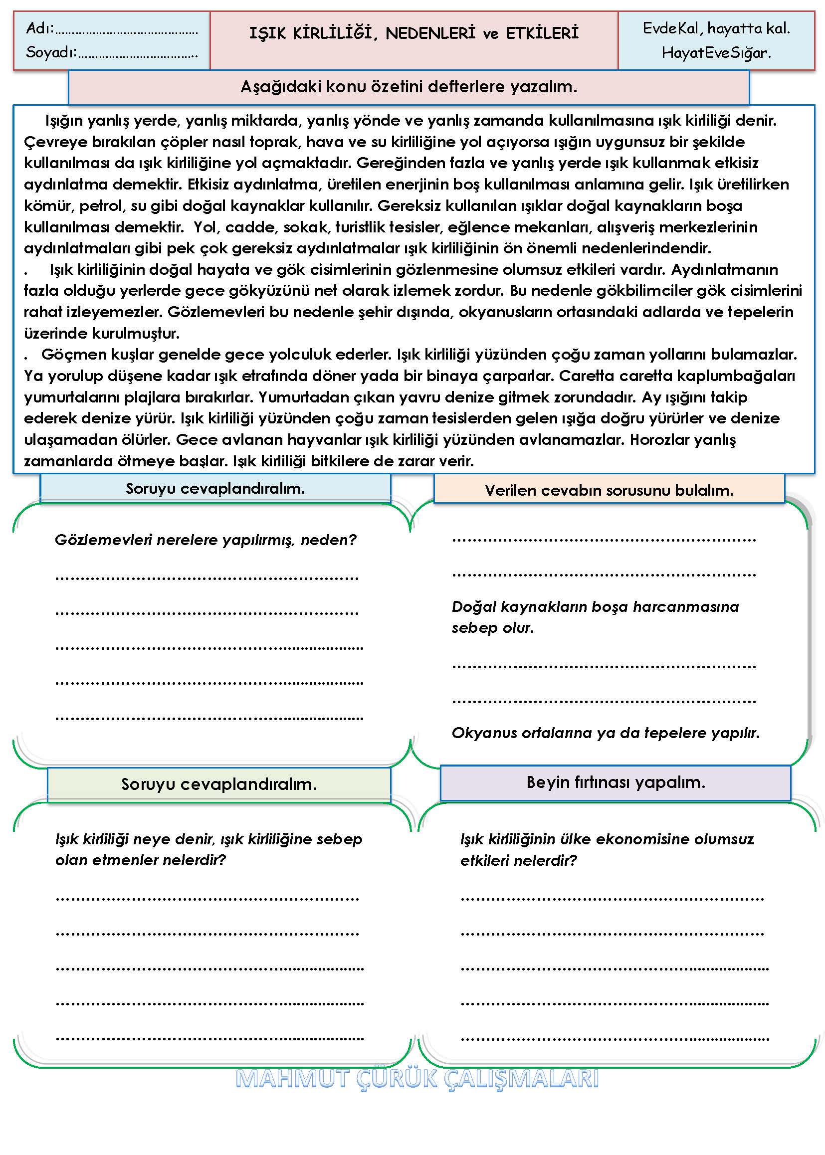 4. Sınıf Fen Bilimleri Işık Kirliliği, Nedenleri ve Etkileri Konu Özeti