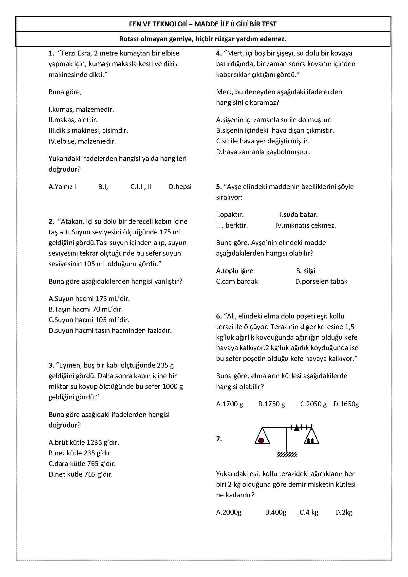 4. Sınıf Fen Bilimleri Kütle ve Hacim Problemleri
