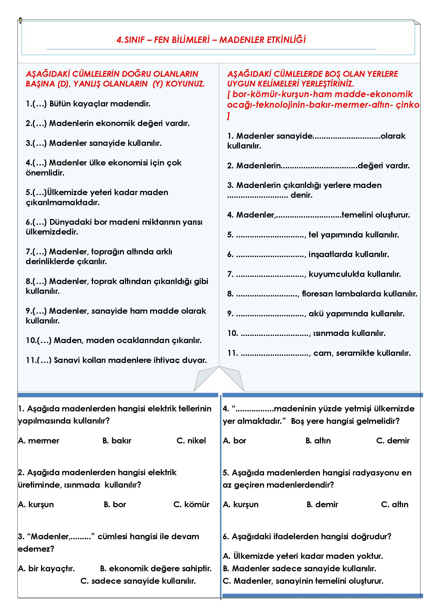 4. Sınıf Fen Bilimleri Madenler Etkinliği