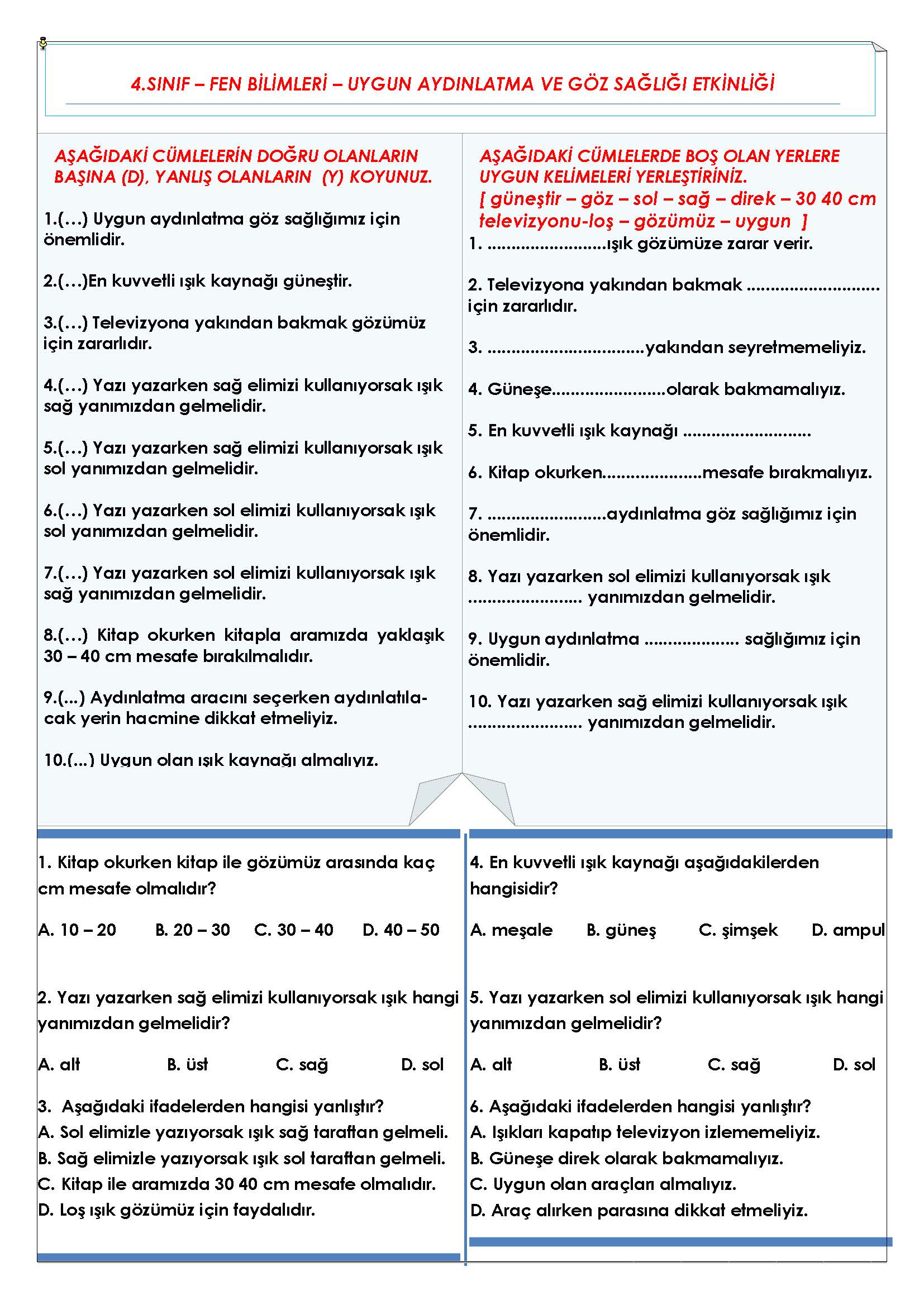 4. Sınıf Fen Bilimleri Uygun Aydınlatma ve Göz Sağlığı Etkinliği