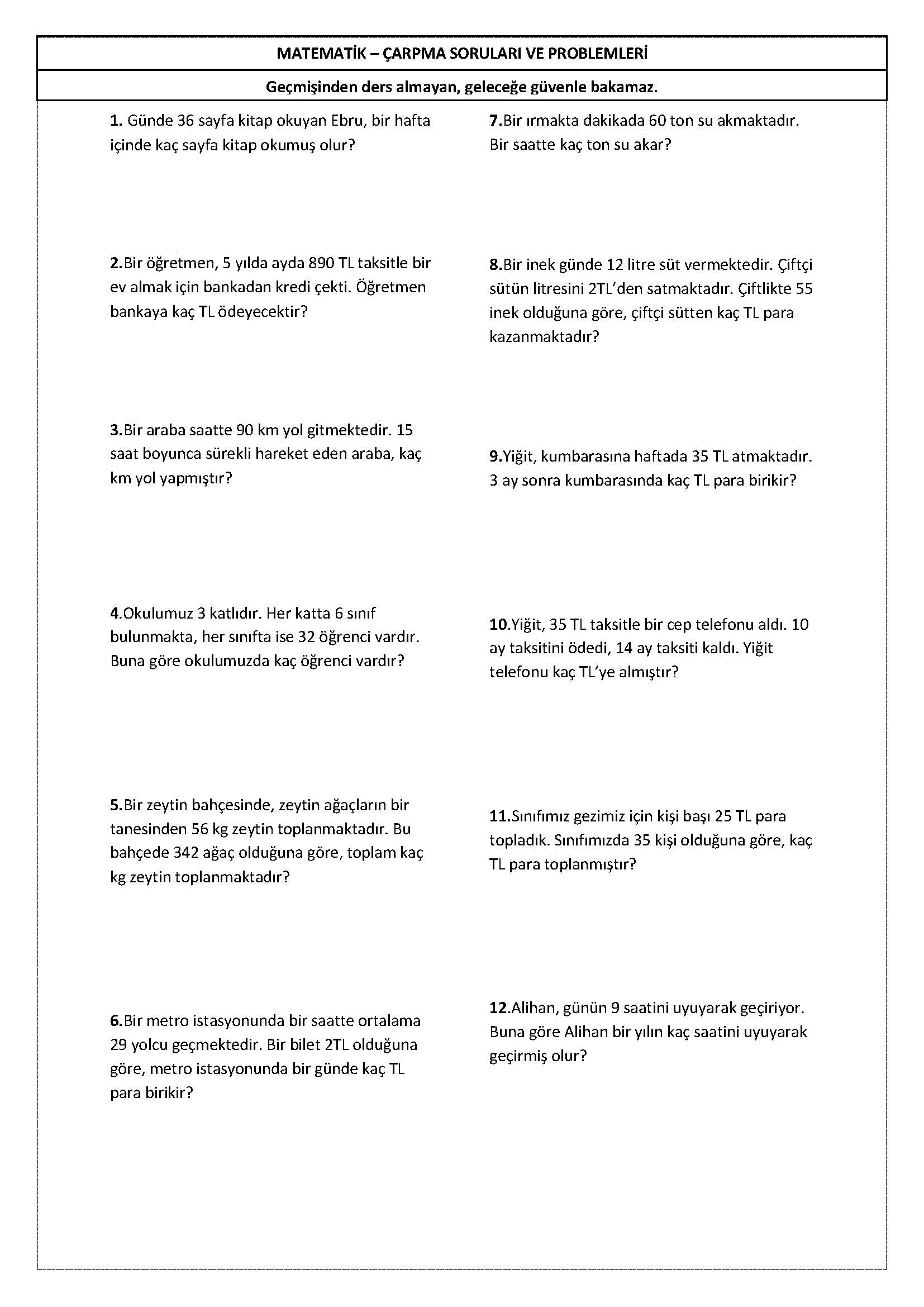 4. Sınıf Matematik Çarpma Soruları ve Problemleri