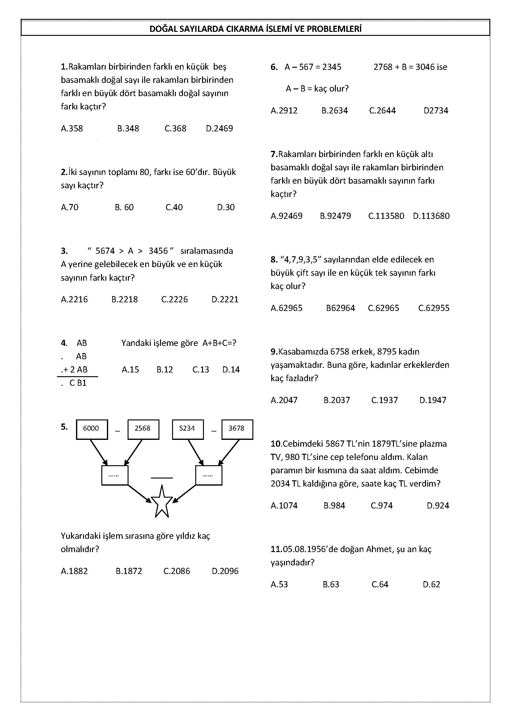 4. Sınıf Matematik Çıkarma İşlemi Problemleri