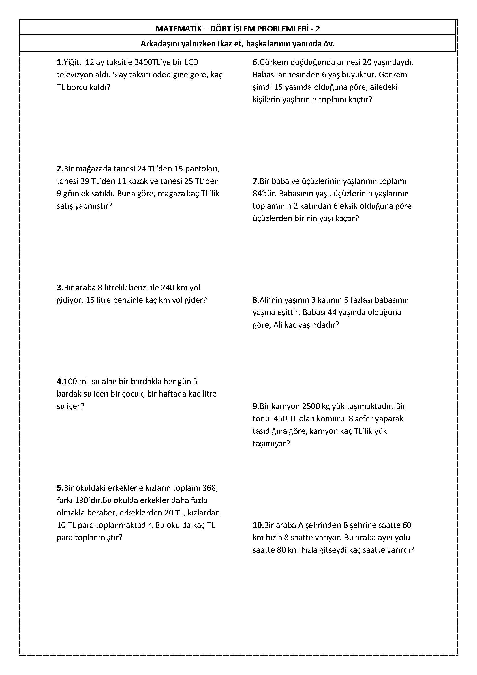 4. Sınıf Matematik Dört İşlem Problemleri -2