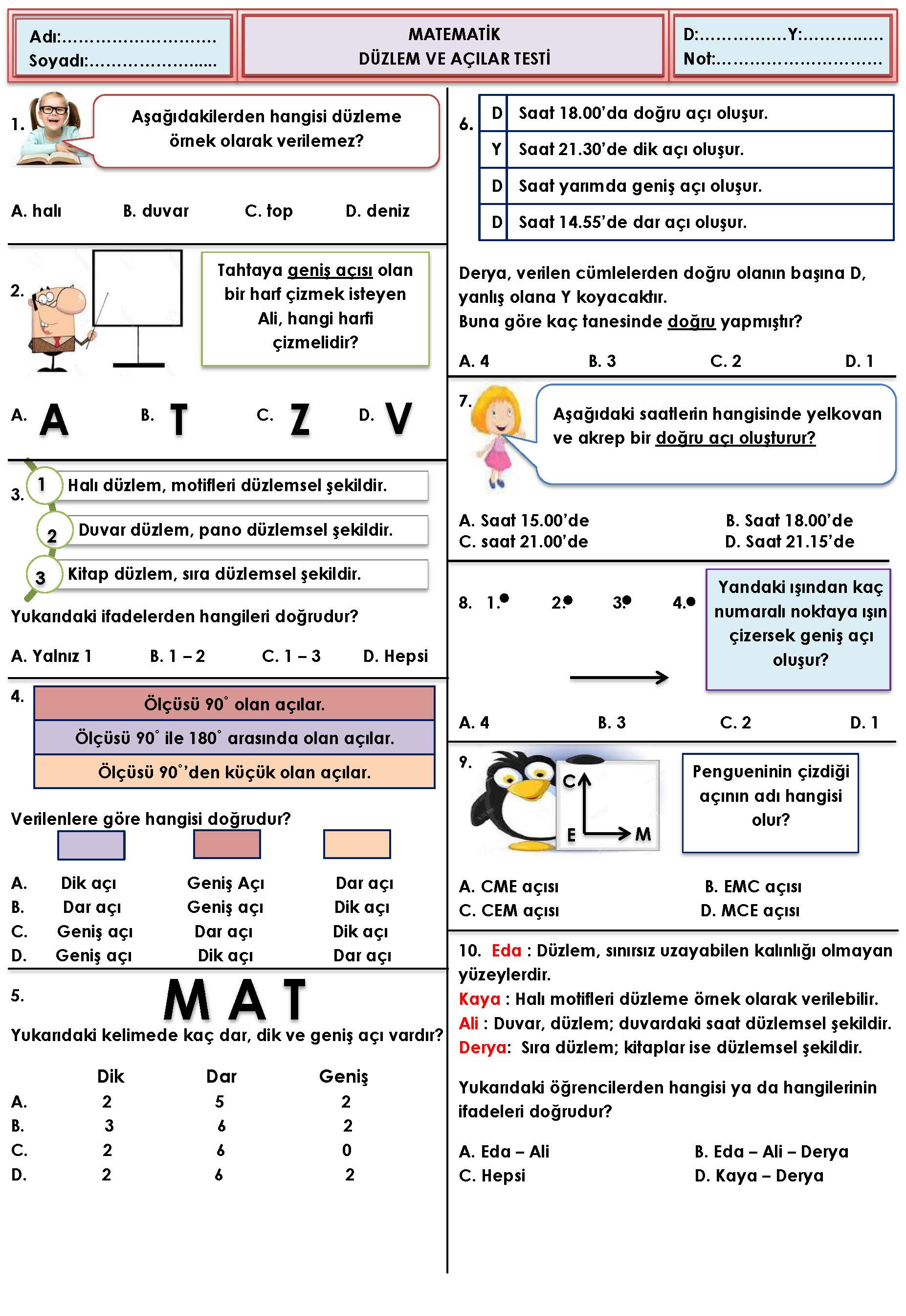 4. Sınıf Matematik Düzlem ve Açılar Testi