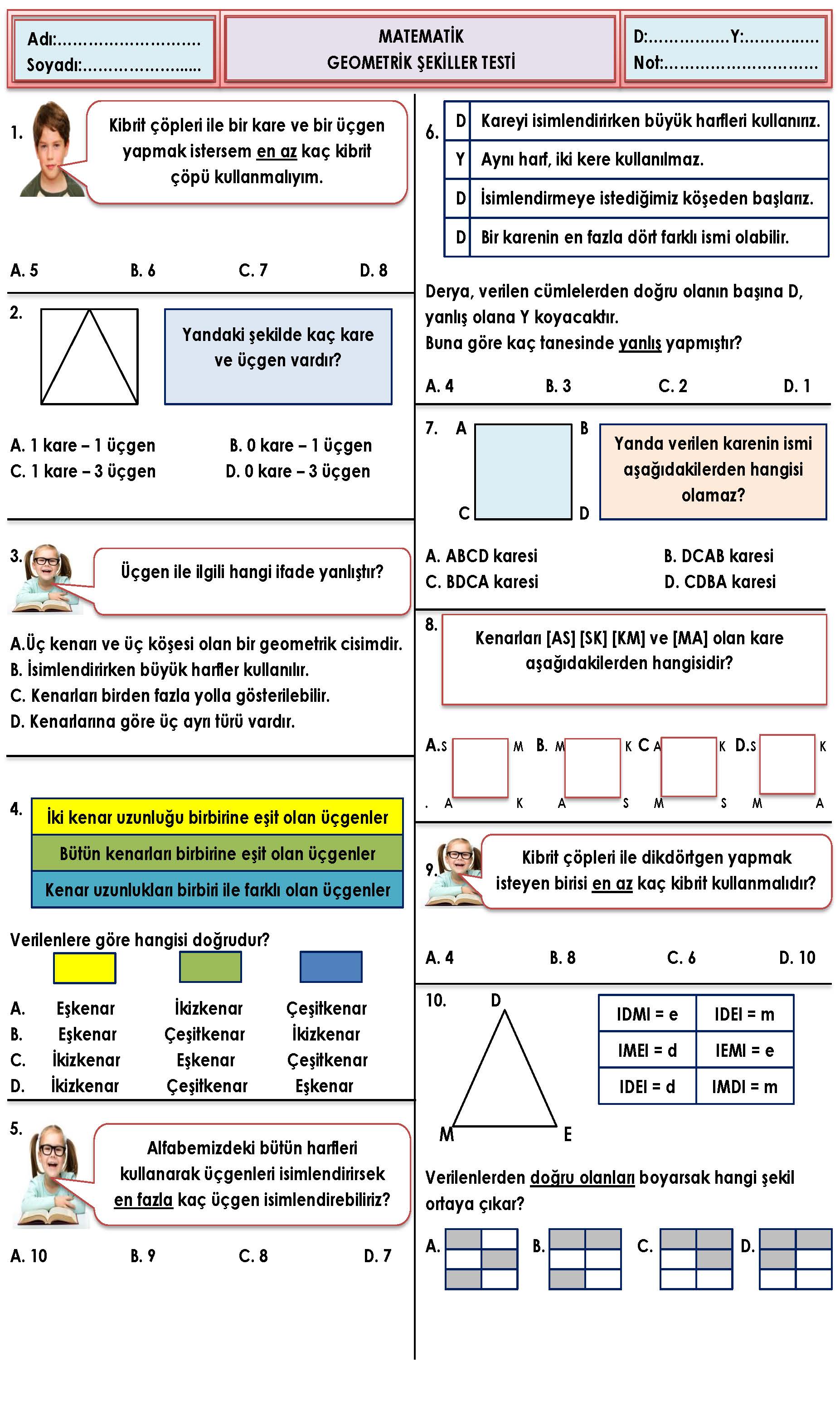4. Sınıf Matematik Geometri Testi-1