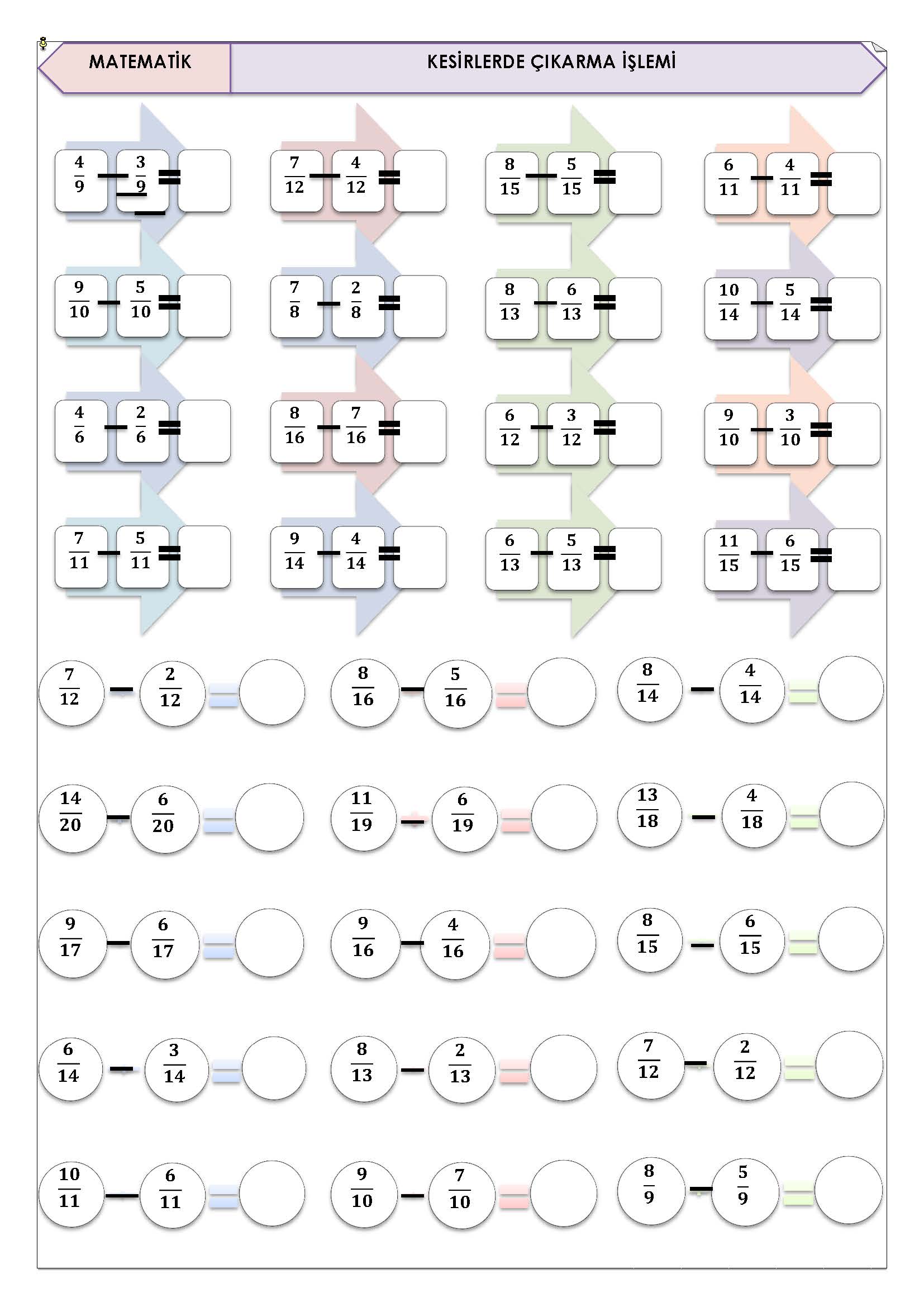 4. Sınıf Matematik Kesirlerde Çıkarma Etkinliği