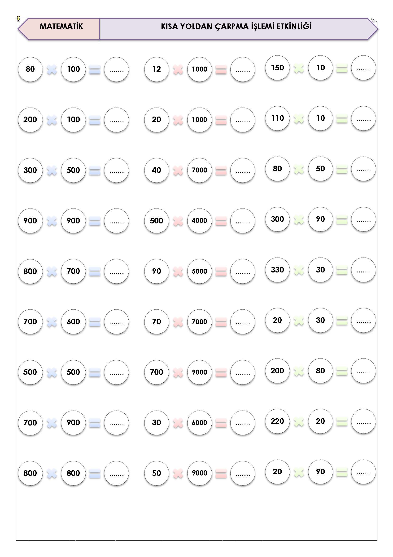 4. Sınıf Matematik Kısa Yoldan Çarpma İşlemi Etkinliği