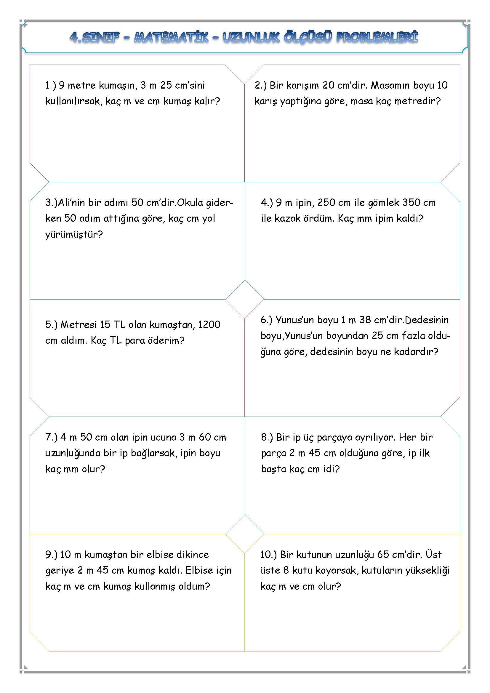 4. Sınıf Matematik Uzunluk Ölçüsü Problemleri