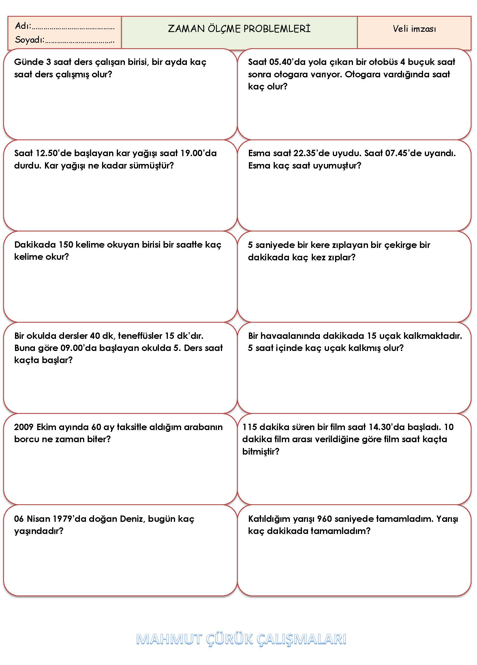 4. Sınıf Matematik Zaman Ölçme Problemleri Etkinliği