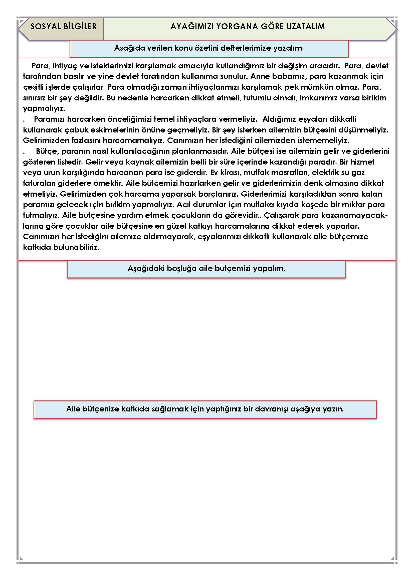 4. Sınıf Sosyal Bilgiler Ayağımızı Yorgana Göre Uzatalım