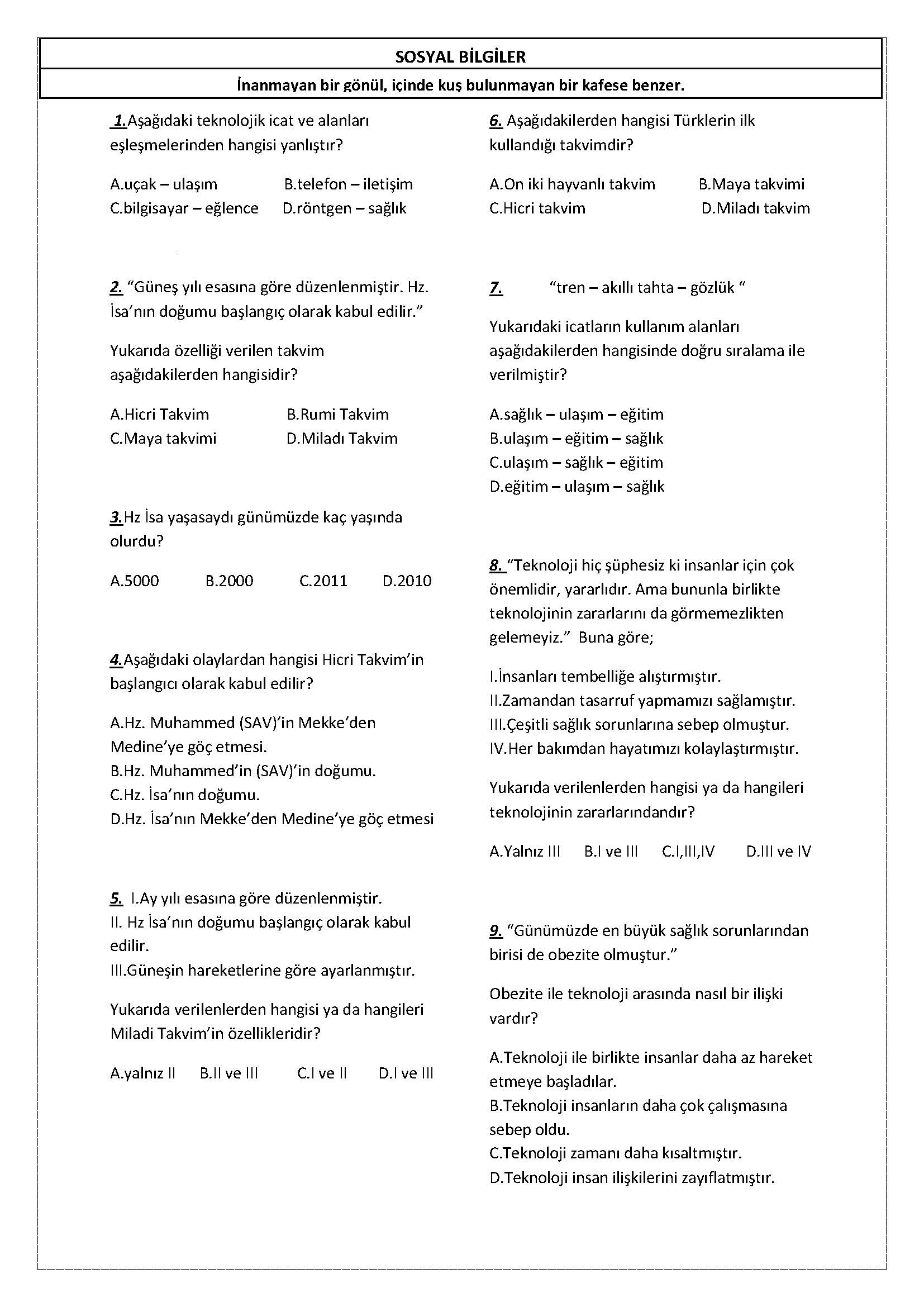 4. Sınıf Sosyal Bilgiler Bilim Teknoloji Toplum Testi