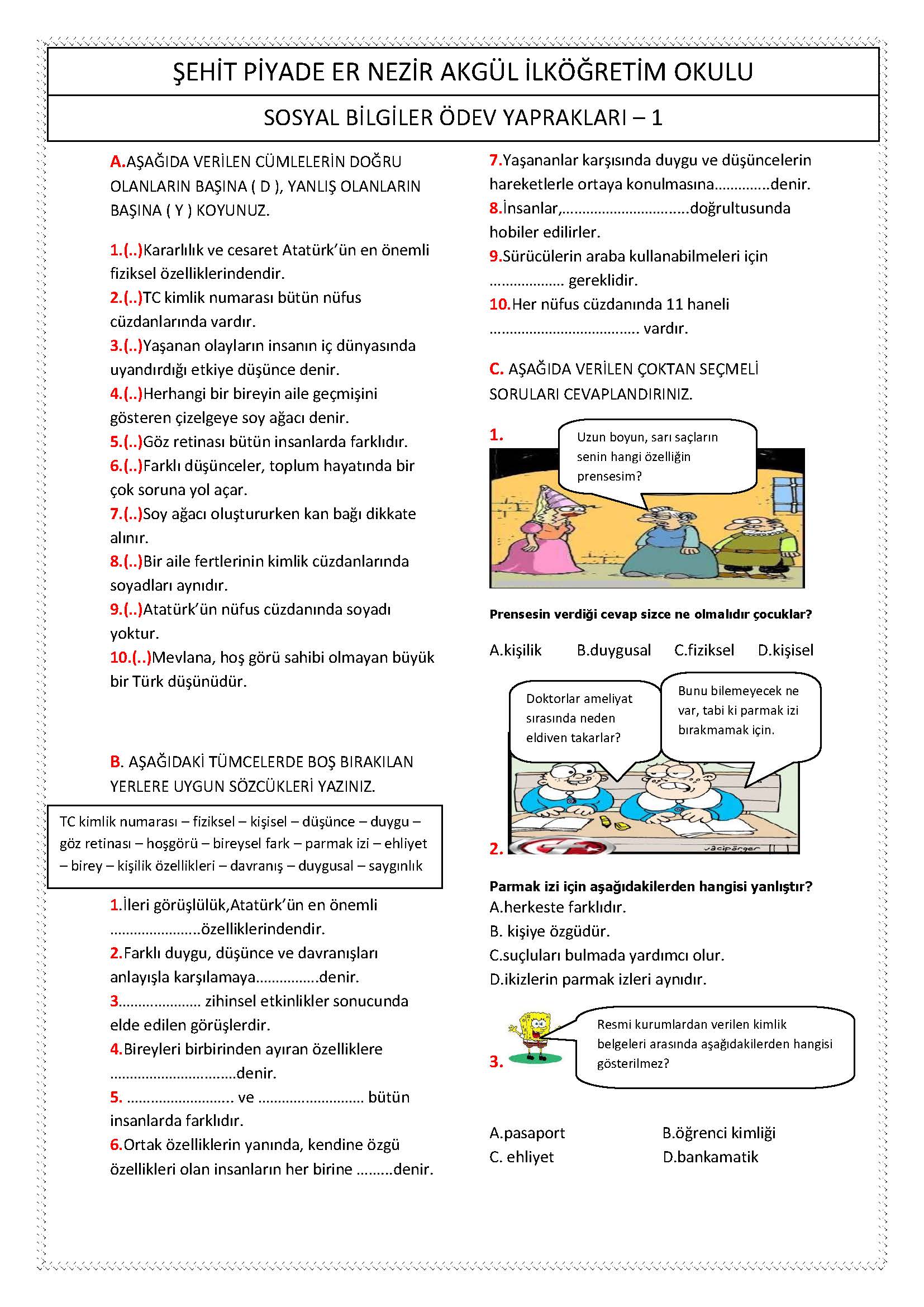 4. Sınıf Sosyal Bilgiler Birey ve Toplum Çalışması