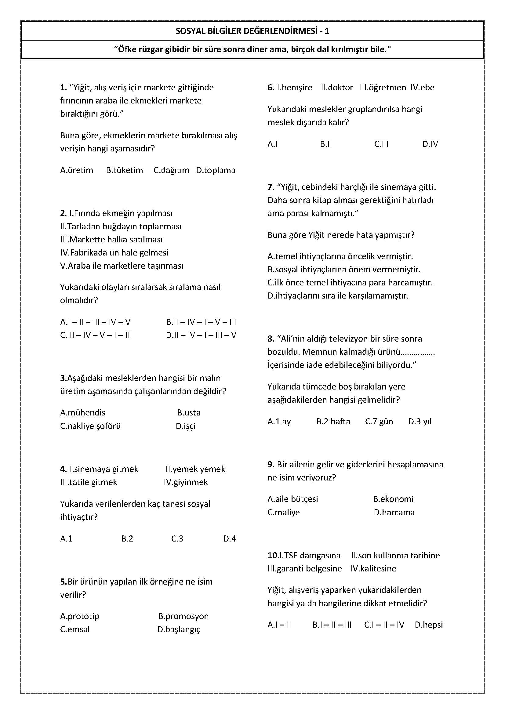 4. Sınıf Sosyal Bilgiler Değerlendirmesi-1