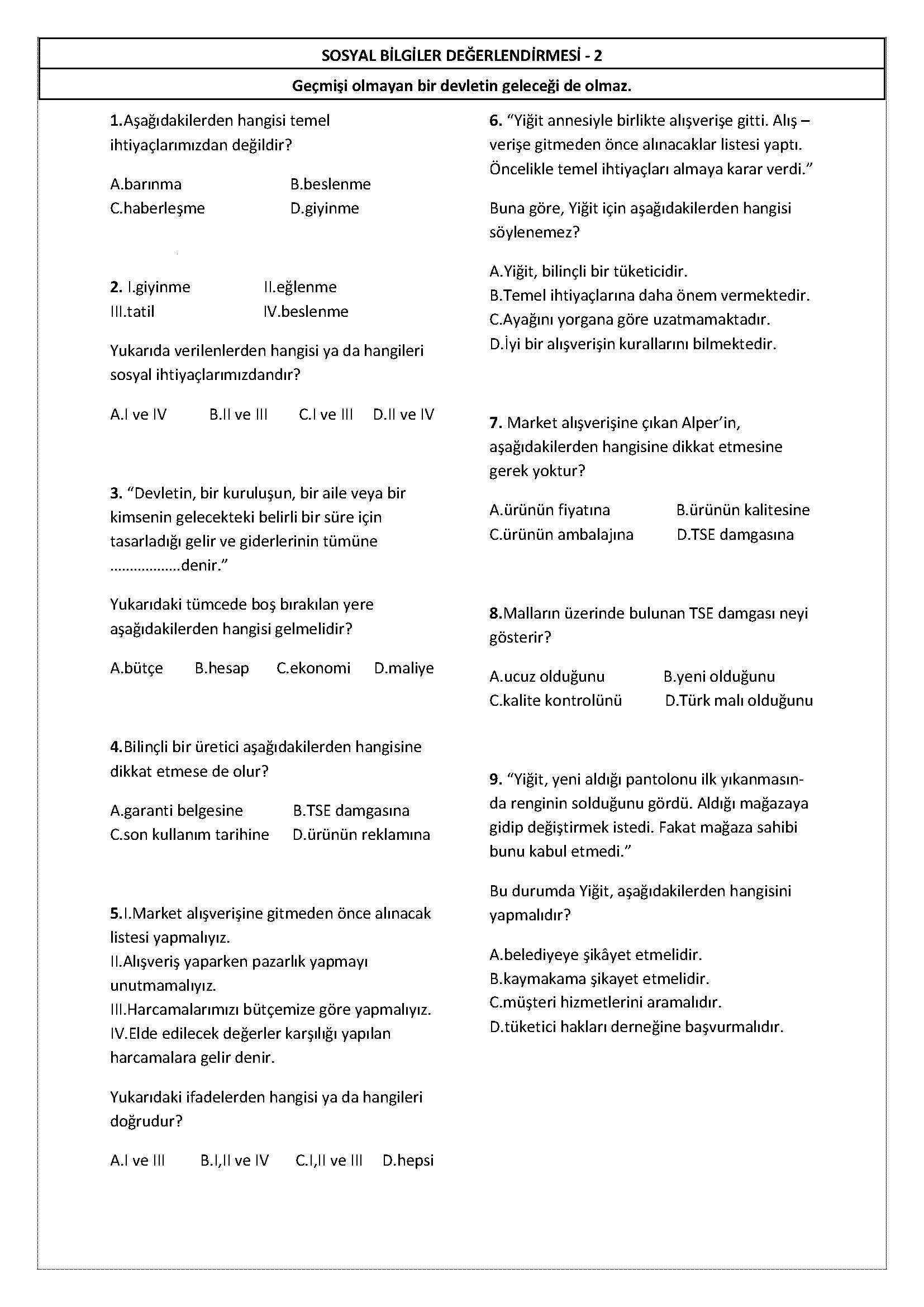 4. Sınıf Sosyal Bilgiler Değerlendirmesi-2