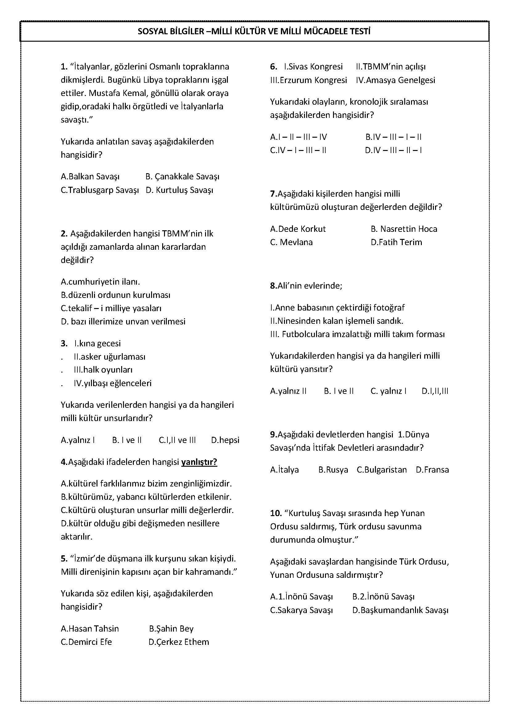 4. Sınıf Sosyal Bilgiler Milli Kültür ve Milli Mücadele Testi
