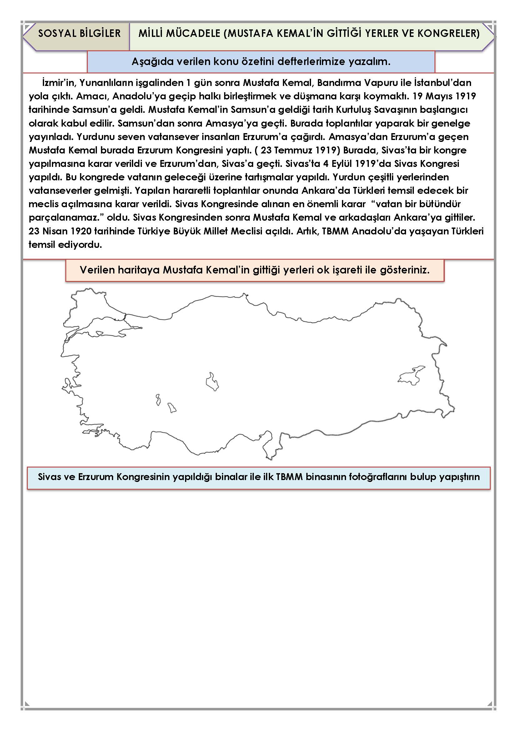 4. Sınıf Sosyal Bilgiler Milli Mücadele (Atatürk'ün Gittiği Yerler Ve Kongreler)