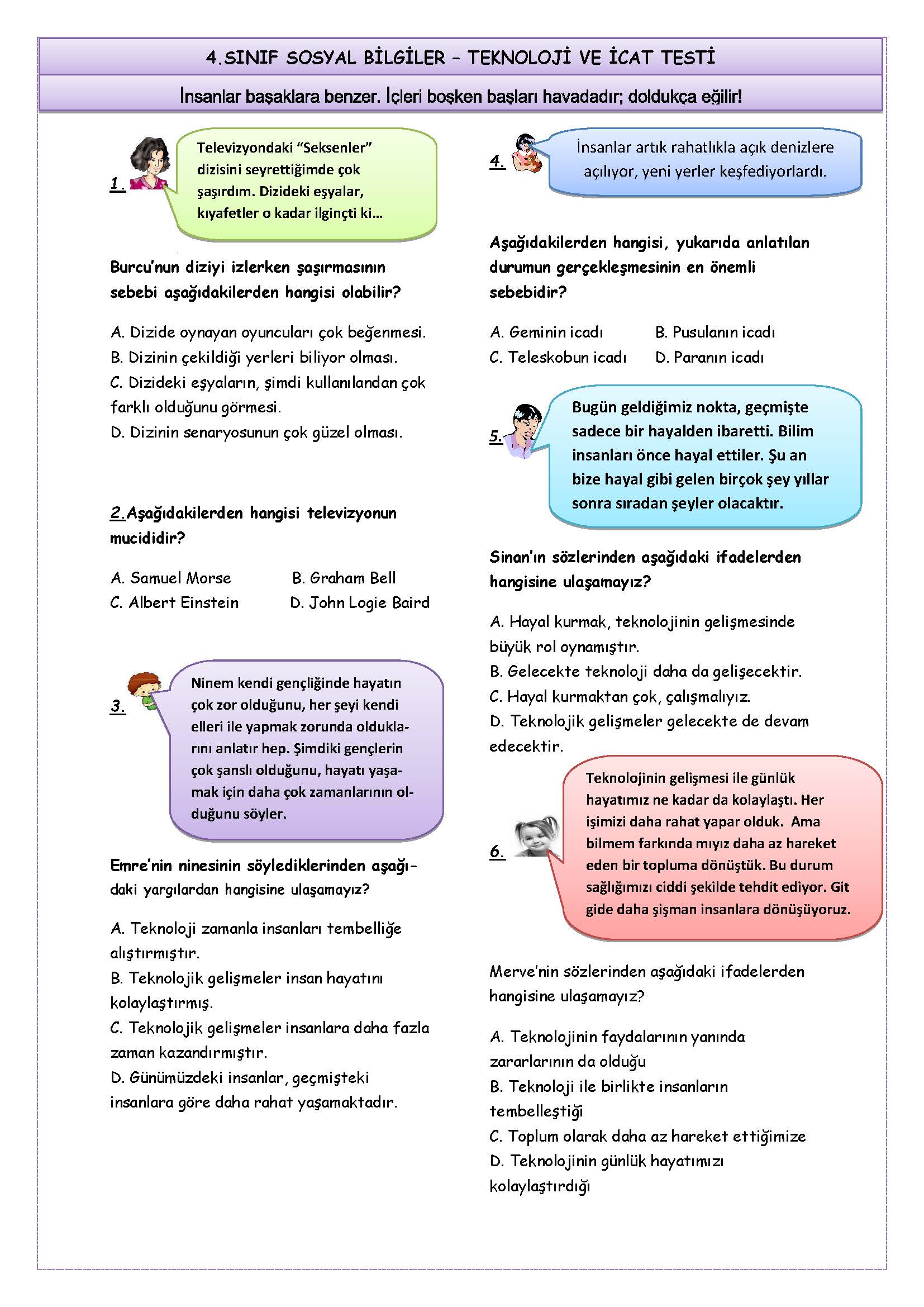 4. Sınıf Sosyal Bilgiler Teknoloji ve İcat Testi  -1