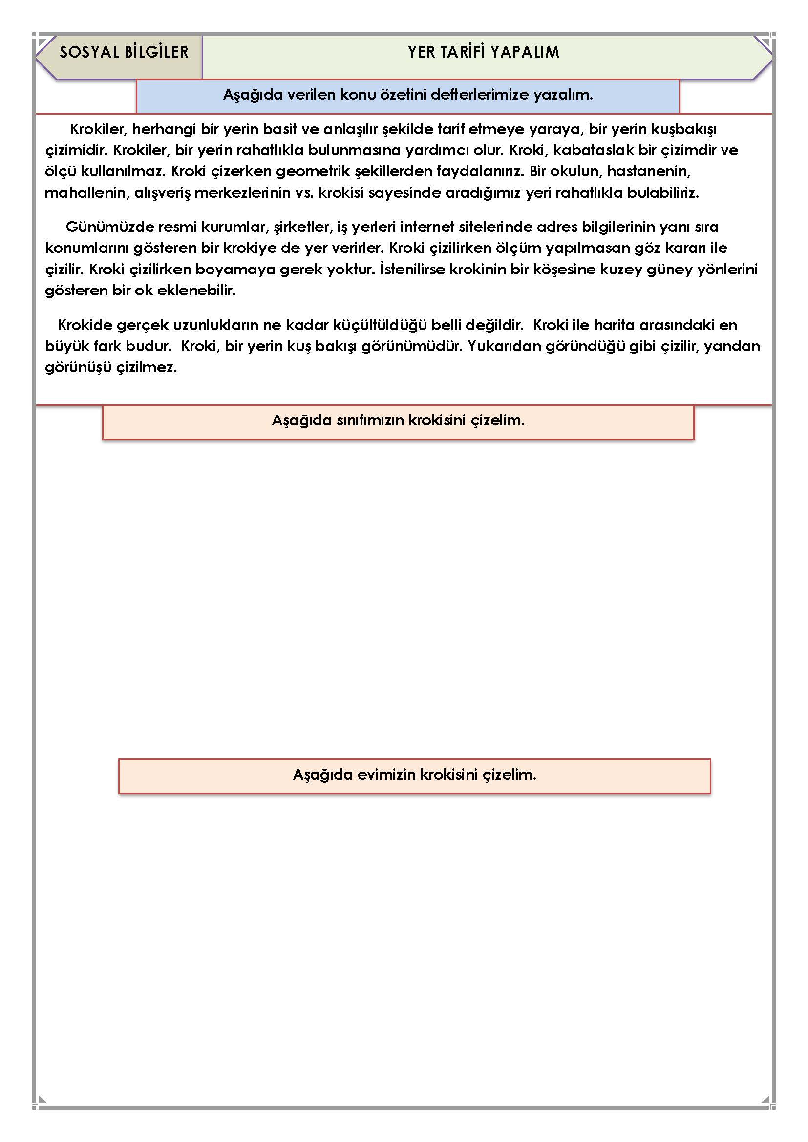 4. Sınıf Sosyal Bilgiler Yer Tarifi Yapalım Etkinliği
