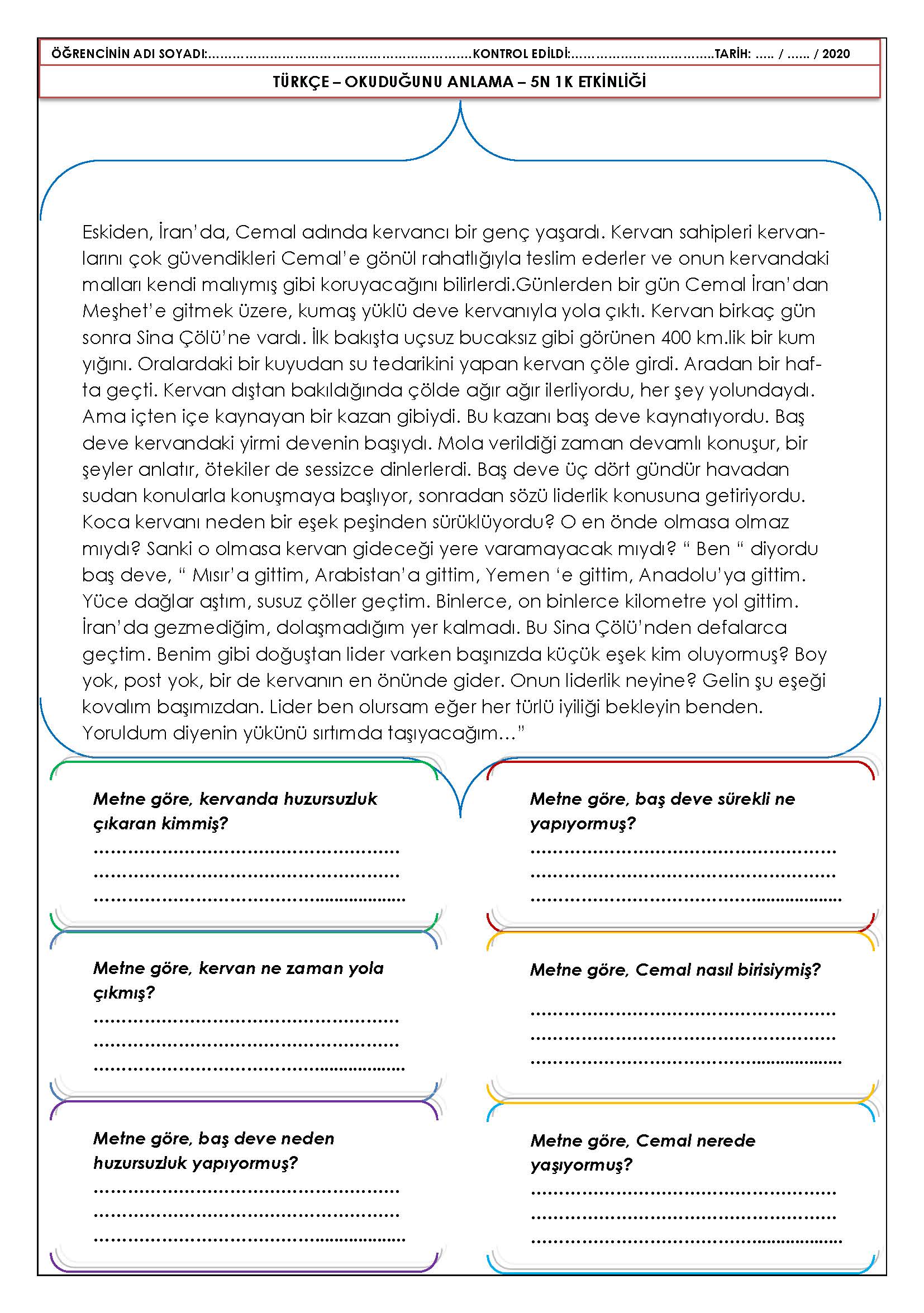 4. Sınıf Türkçe Okuduğunu Anlama 5N 1K Etkinliği