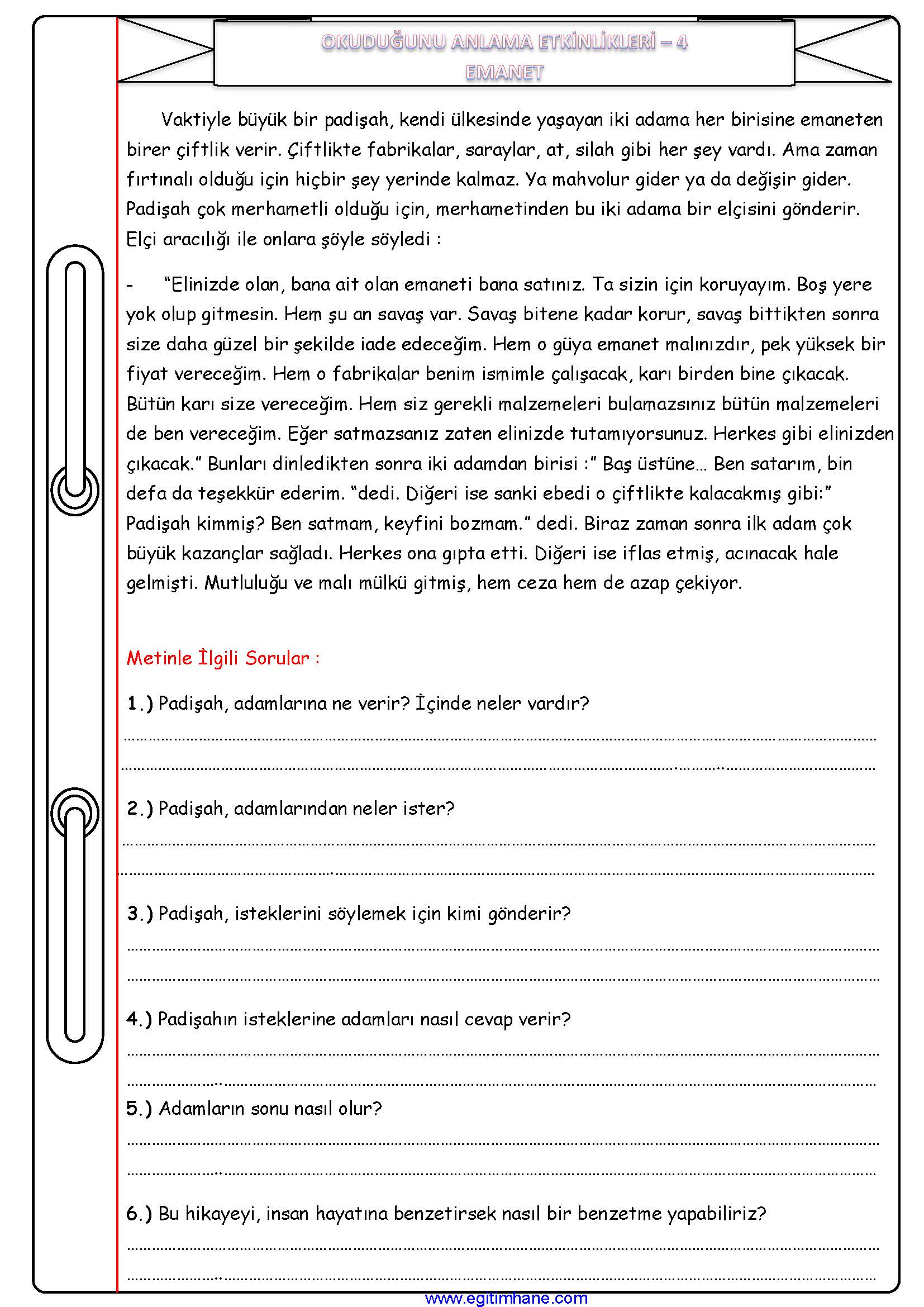 4. Sınıf Türkçe Okuduğunu Anlama Etkinliği - EMANET