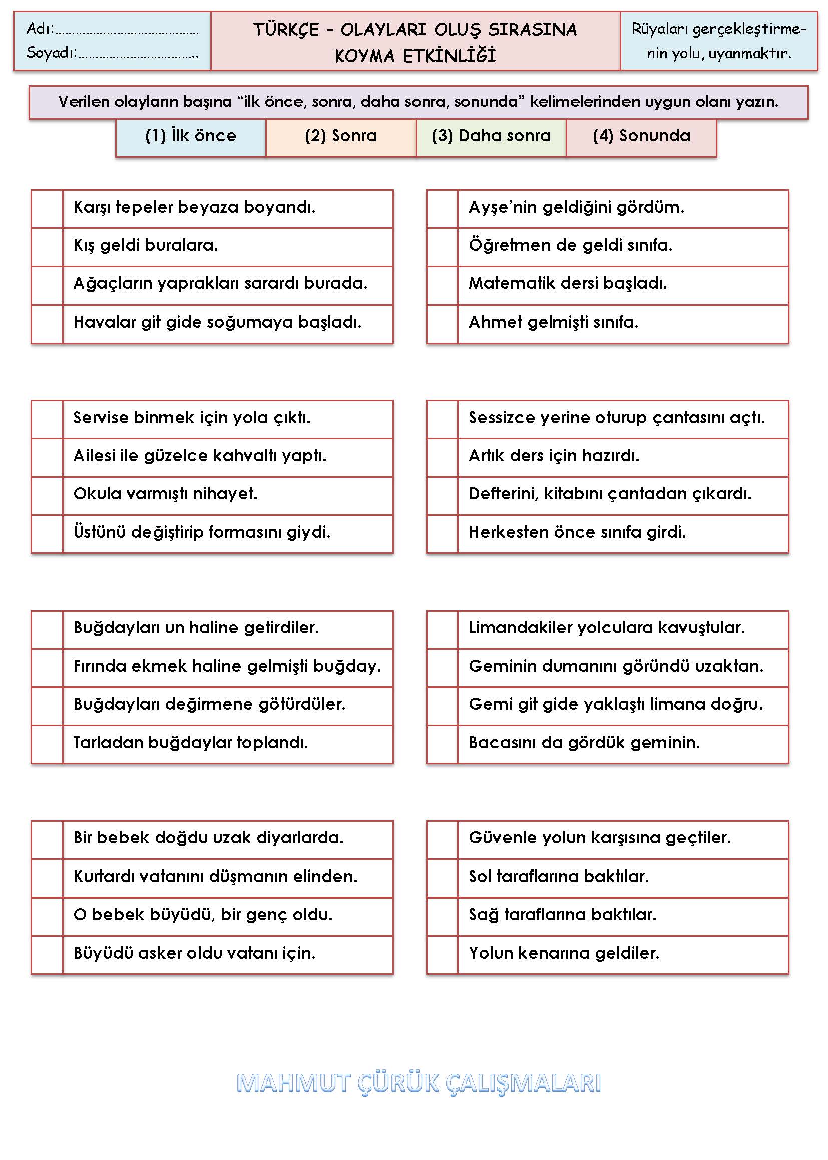 4. Sınıf Türkçe Olayları Oluş Sırasına Koyma Etkinliği