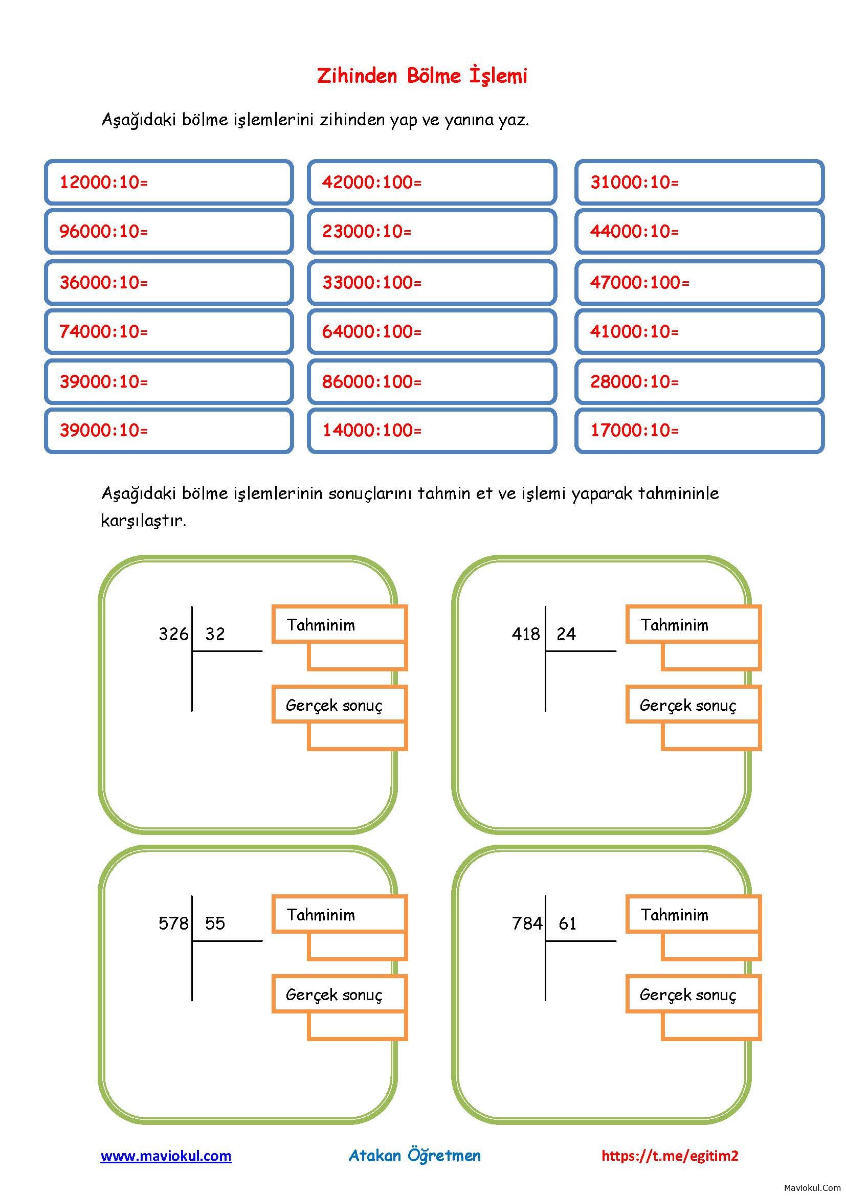 4. Sınıf Matematik 10 ve 100 İle Zihinden Bölme İşlemi, Bölme İşleminde Sonucu Tahmin Etme
