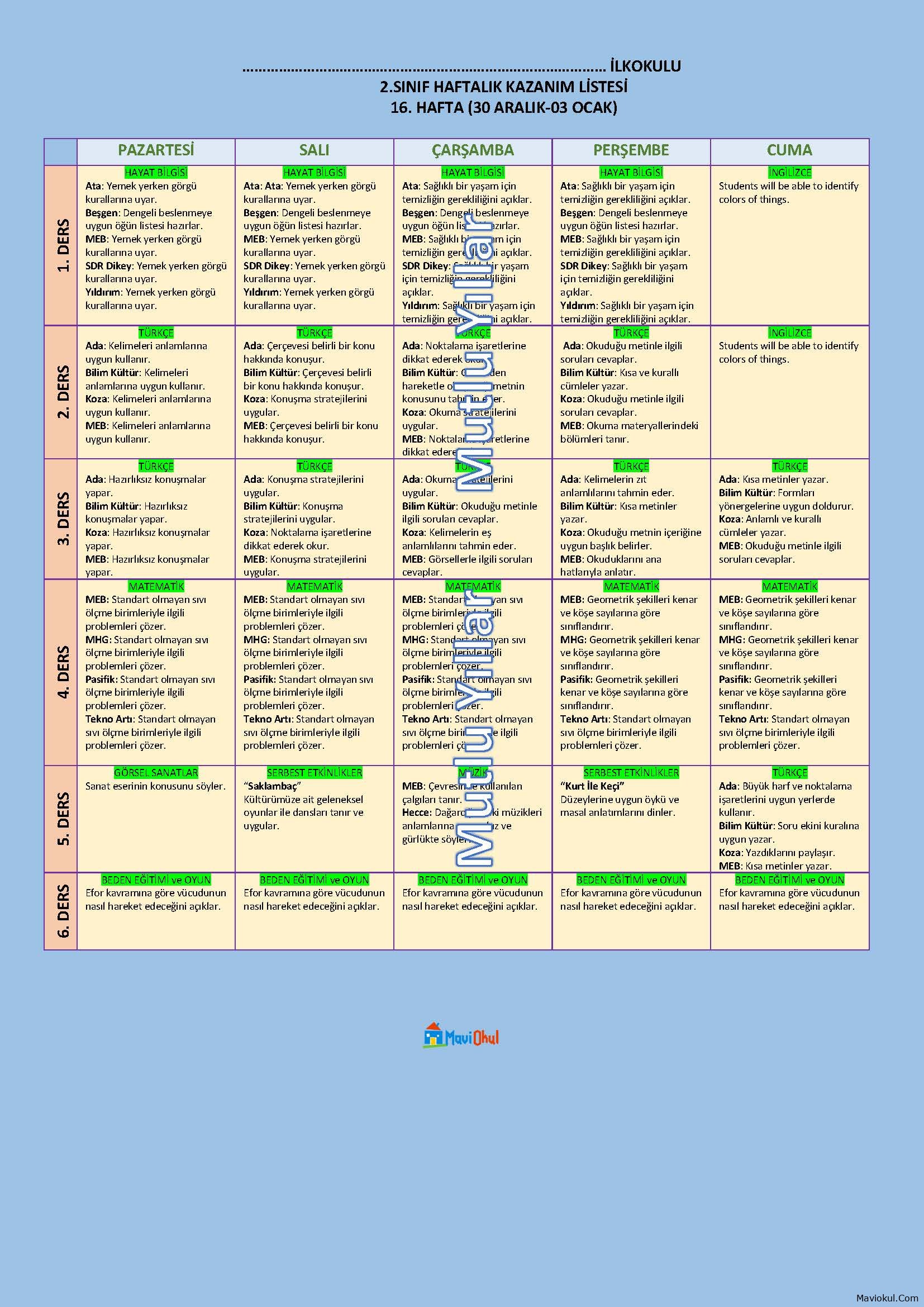 2. Sınıf 16. Hafta (30 Aralık - 03 Ocak) Haftalık Kazanım Listeleri