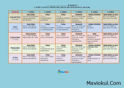 1. Sınıf 13. Hafta (09-13 Aralık) Öğrenme Çıktısı Listesi