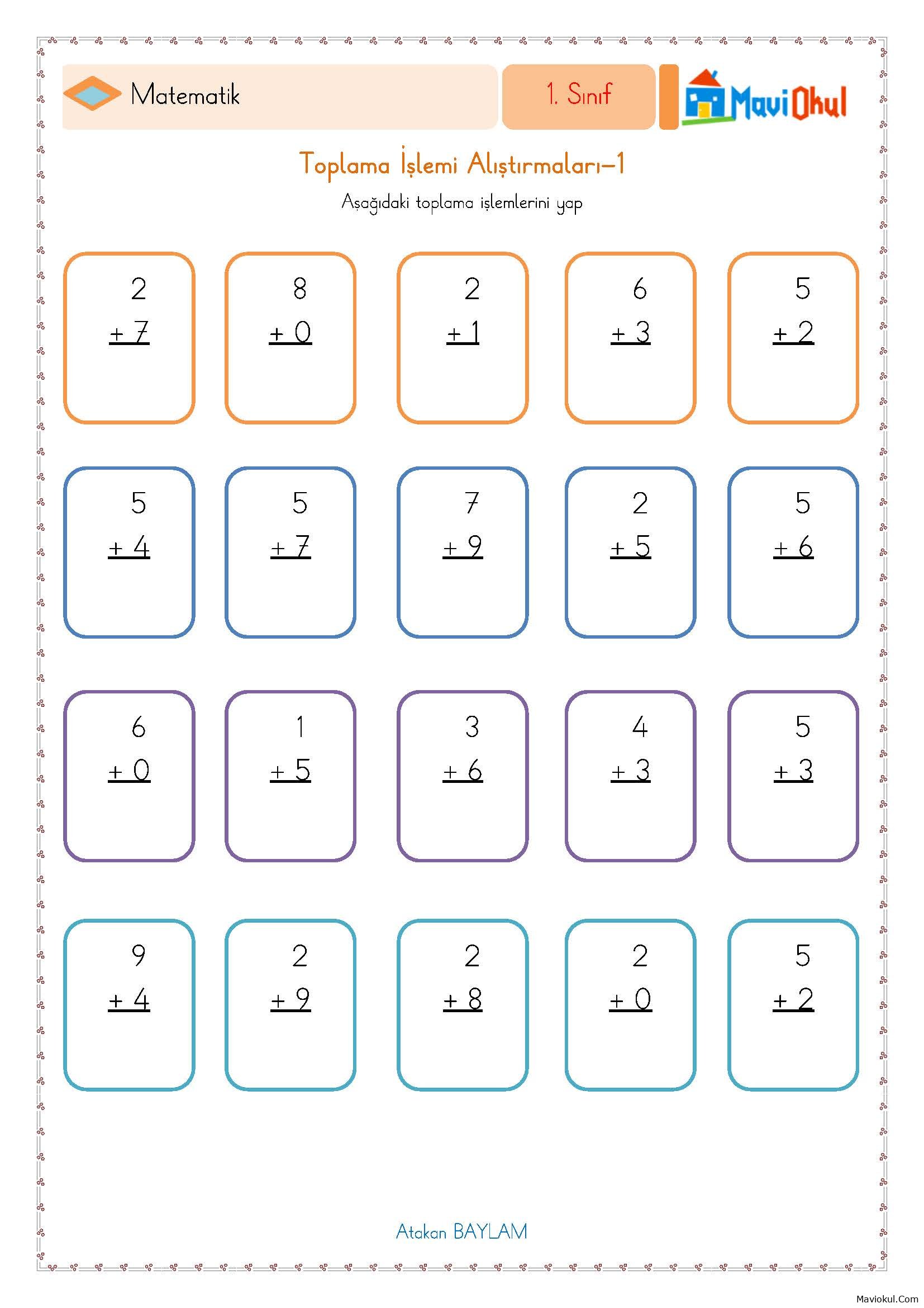 1. Sınıf Matematik Alt Alta Toplama İşlemi Alıştırmaları -1