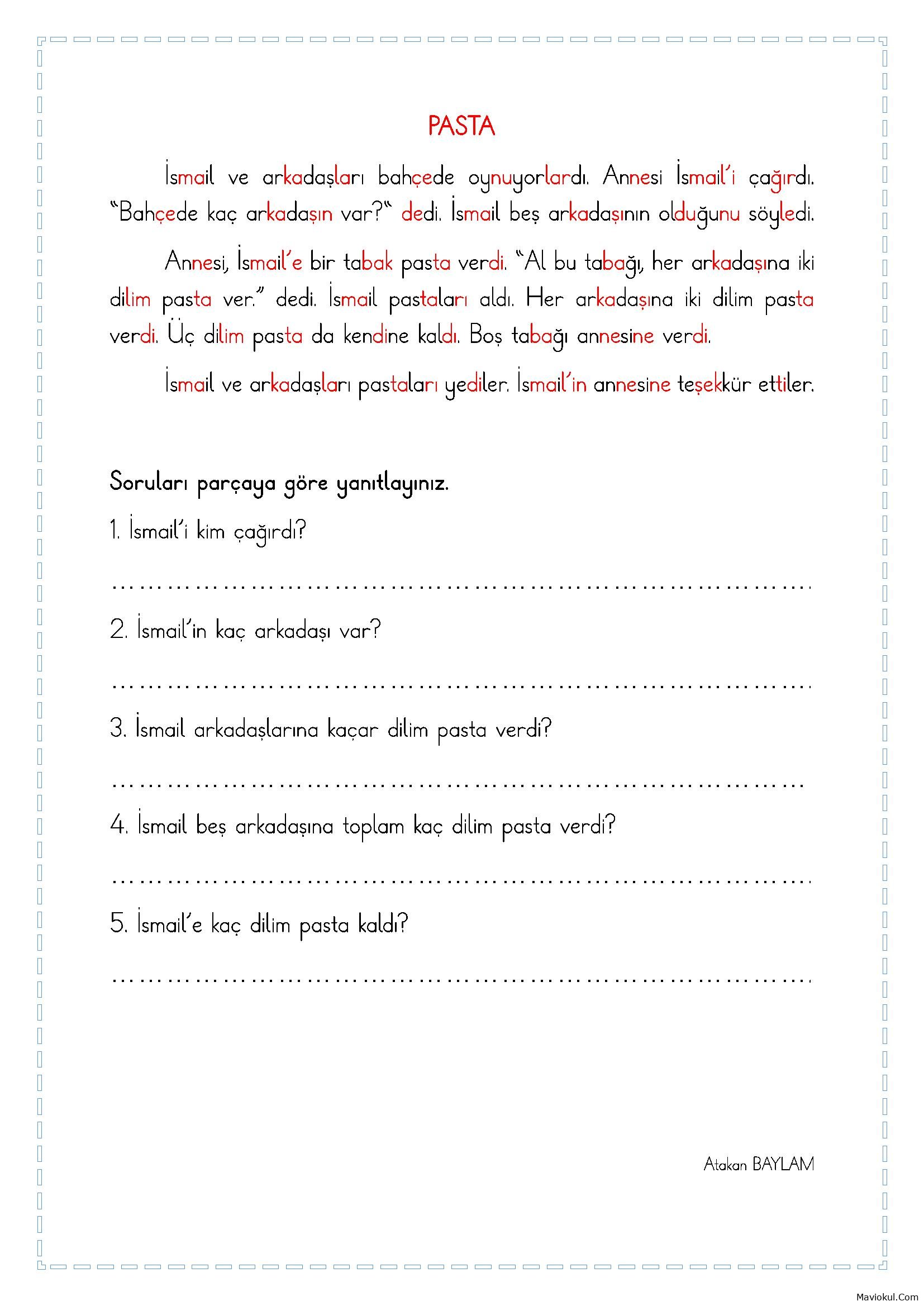 1. Sınıf Okuma Anlama Metni - Pasta