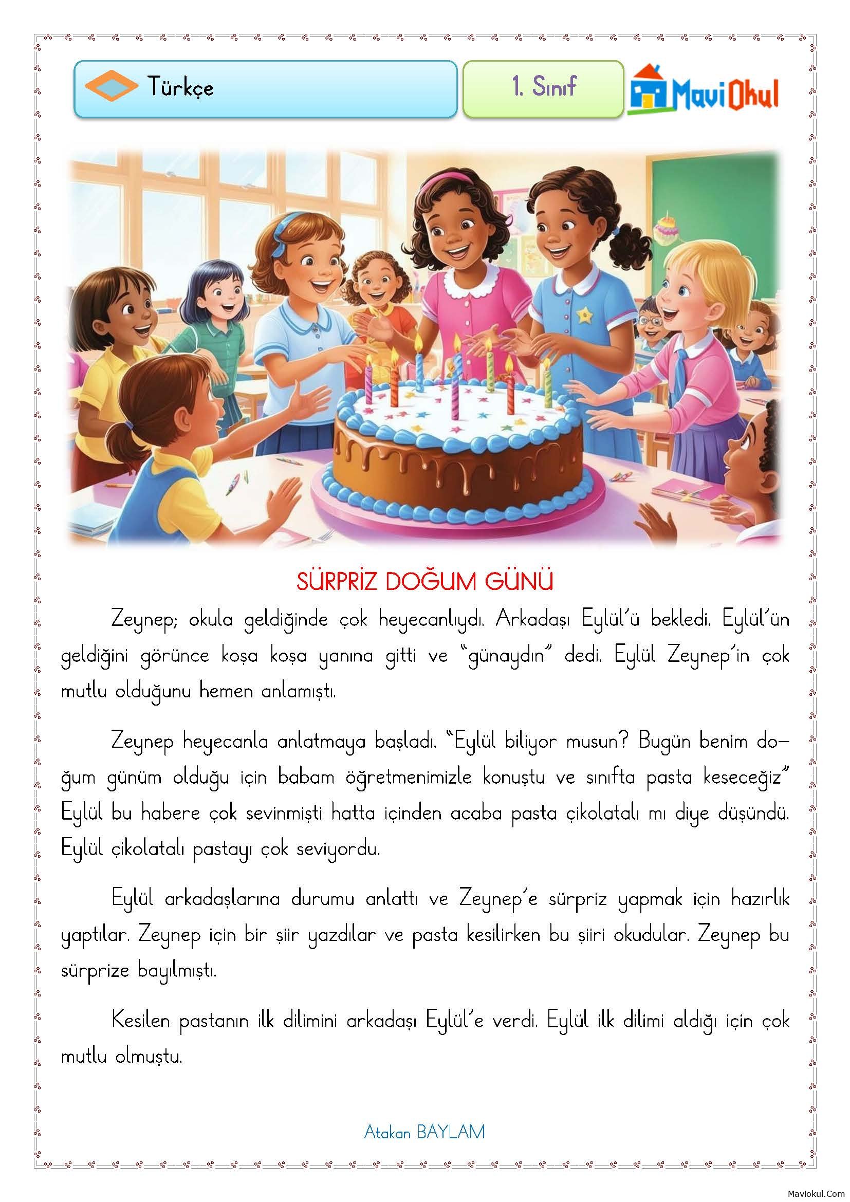 1. Sınıf Türkçe Okuma Anlama Çalışması - Sürpriz Doğum Günü
