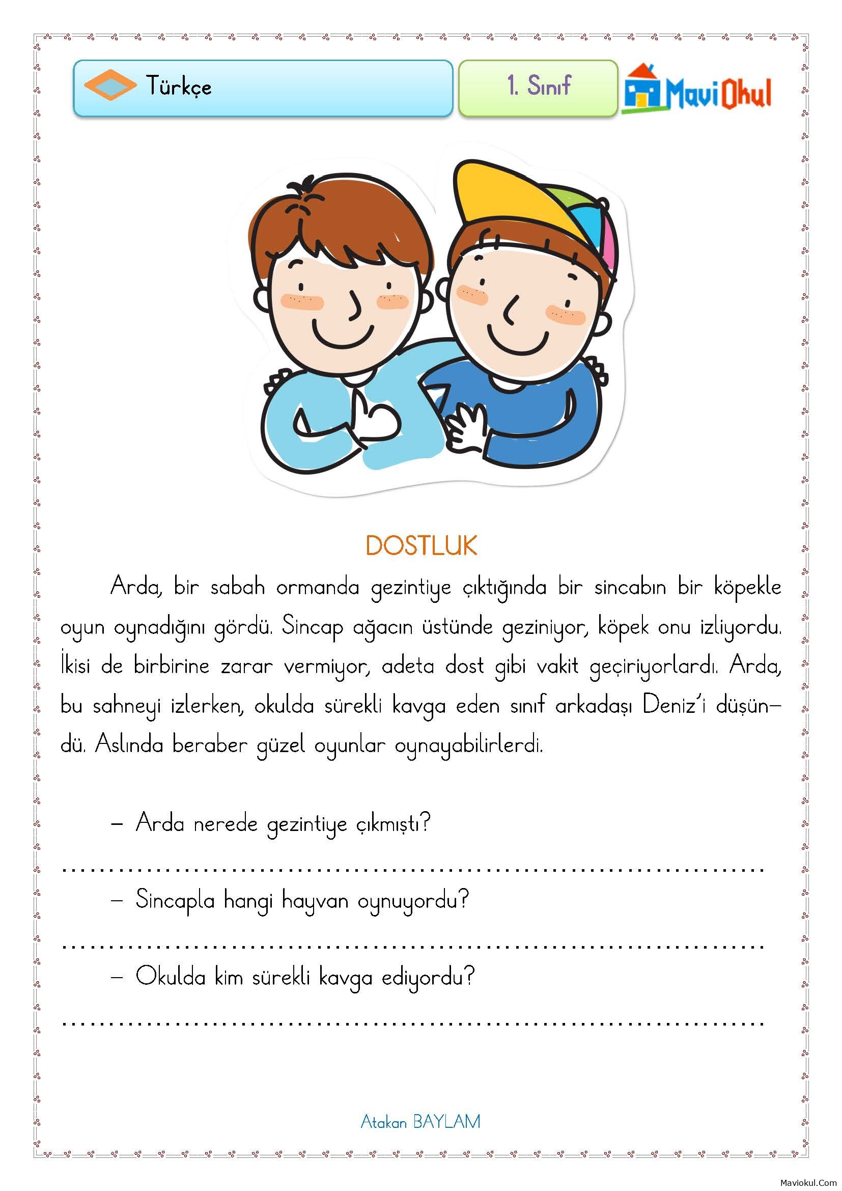 1. Sınıf Okuma Anlama Çalışması - Dostluk