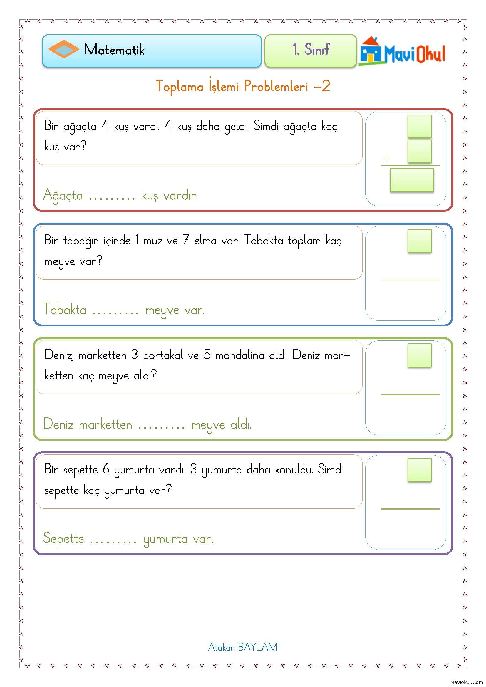 1. Sınıf Matematik Toplama İşlemi Problemleri - 2