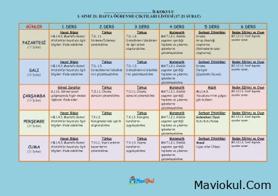 1. Sınıf 21. Hafta (17-21 Şubat) Öğrenme Çıktıları Listesi