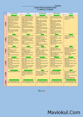 2. Sınıf 21. Hafta (17-21 Şubat) Haftalık Kazanım Listesi