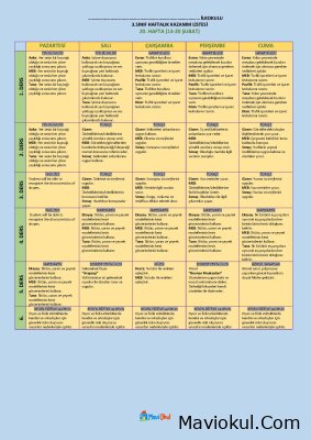 3. Sınıf 20. Hafta (10-14 Şubat) Haftalık Kazanım Listesi