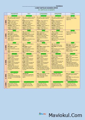 2. Sınıf 20. Hafta (10-14 Şubat) Haftalık Kazanım Listesi
