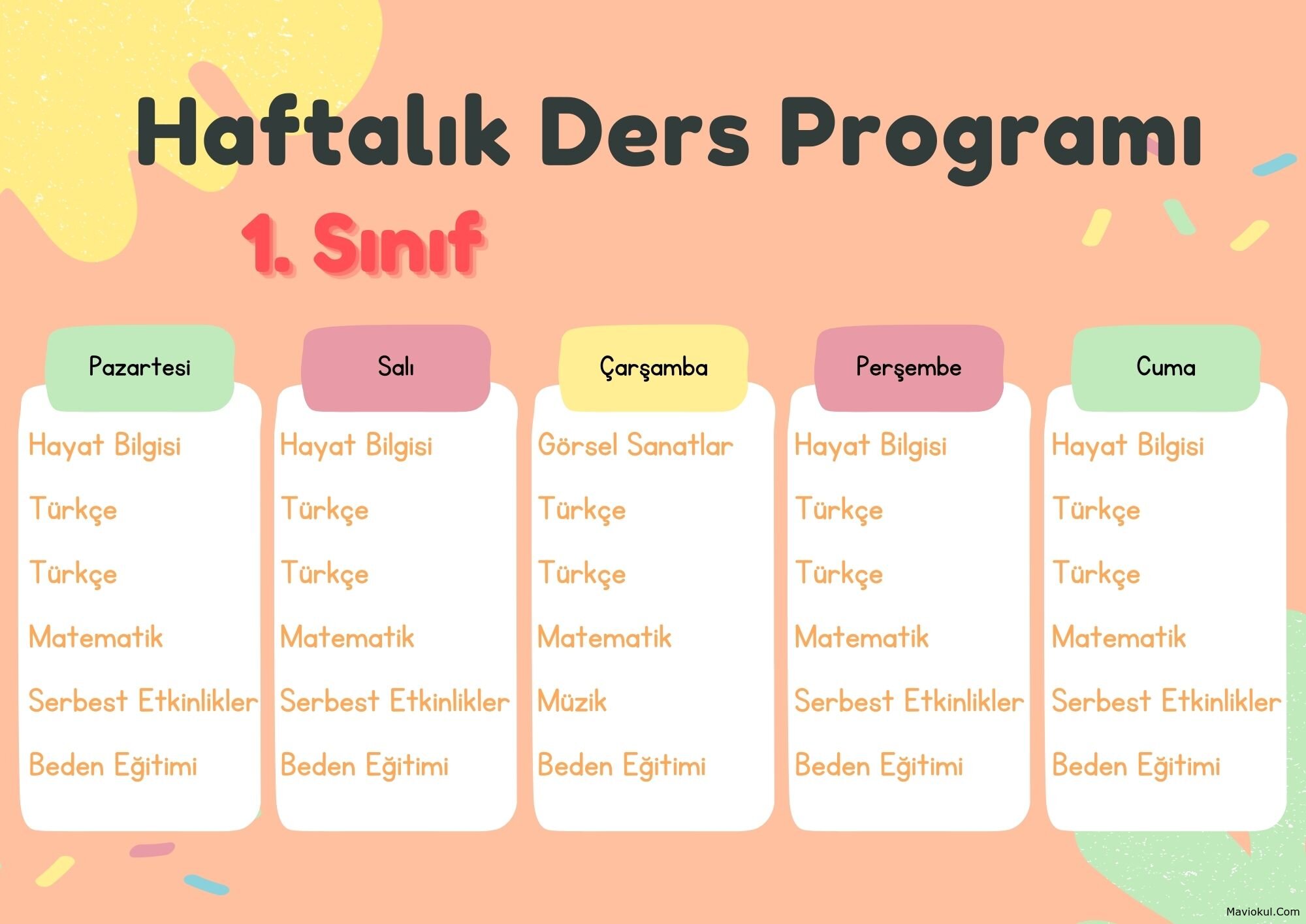 1. Sınıf Haftalık Ders Programı