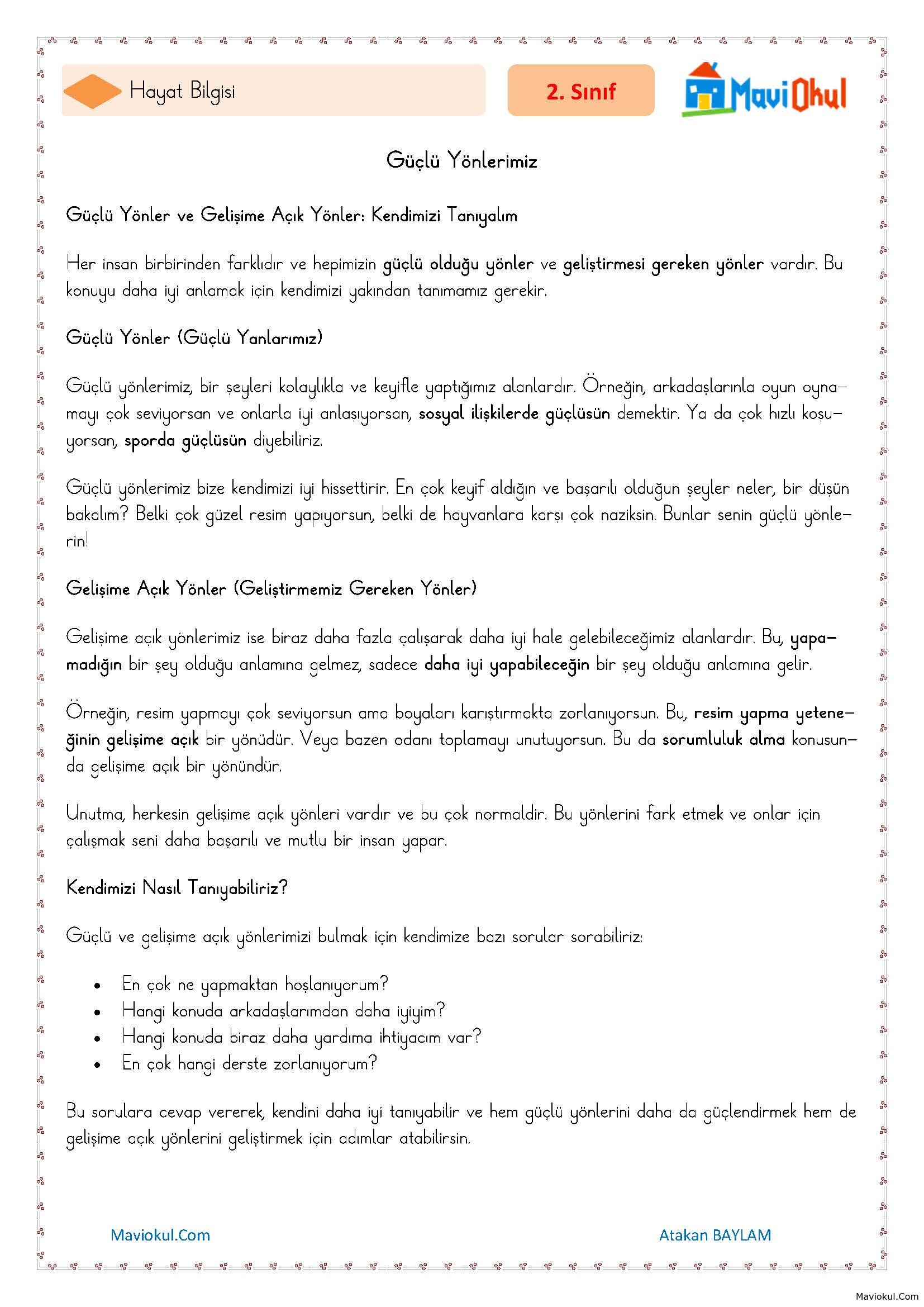 2. Sınıf Hayat Bilgisi Güçlü Yönlerimiz Konu Özeti