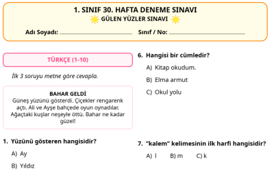 1. Sınıf 30. Hafta Deneme Sınavı