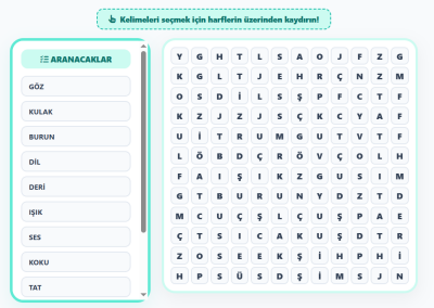 3. Sınıf Fen Bilimleri Duyu Organlarımız Kelime Bulmacası